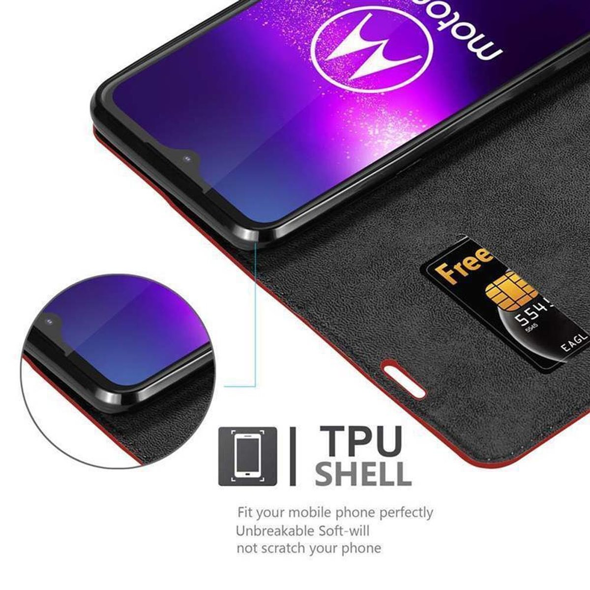 Telefono nero su custodia nera, più una carta. Interno custodia nero con fessura per carte.