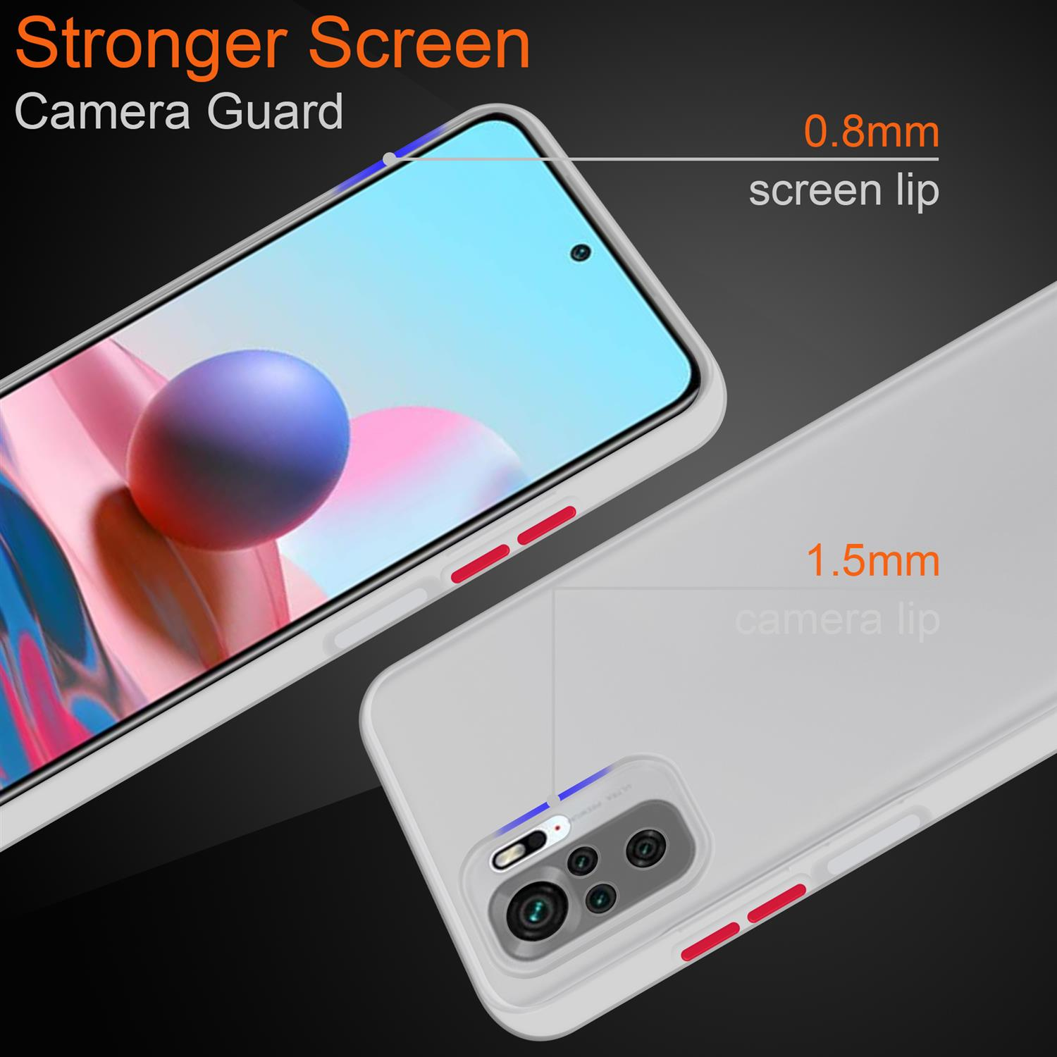 Una custodia per telefono con protezione per la fotocamera e bordo dello schermo. Vengono mostrati due telefoni da diverse angolazioni.