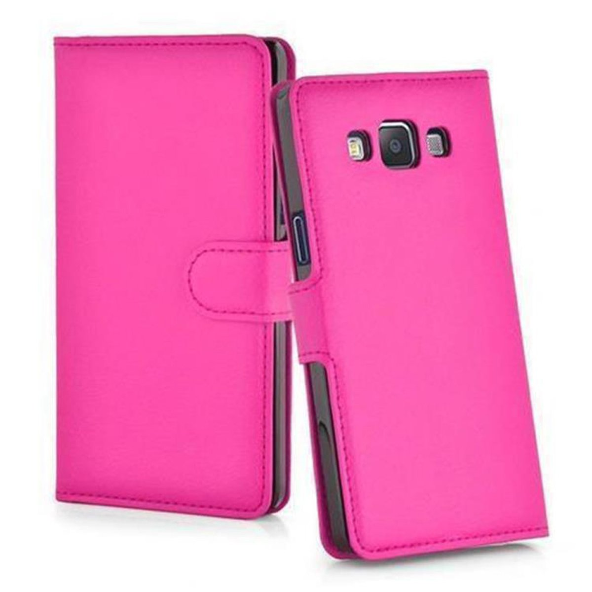 Una custodia per telefono rosa con patta. La custodia è chiusa. Lo sfondo è semplice.