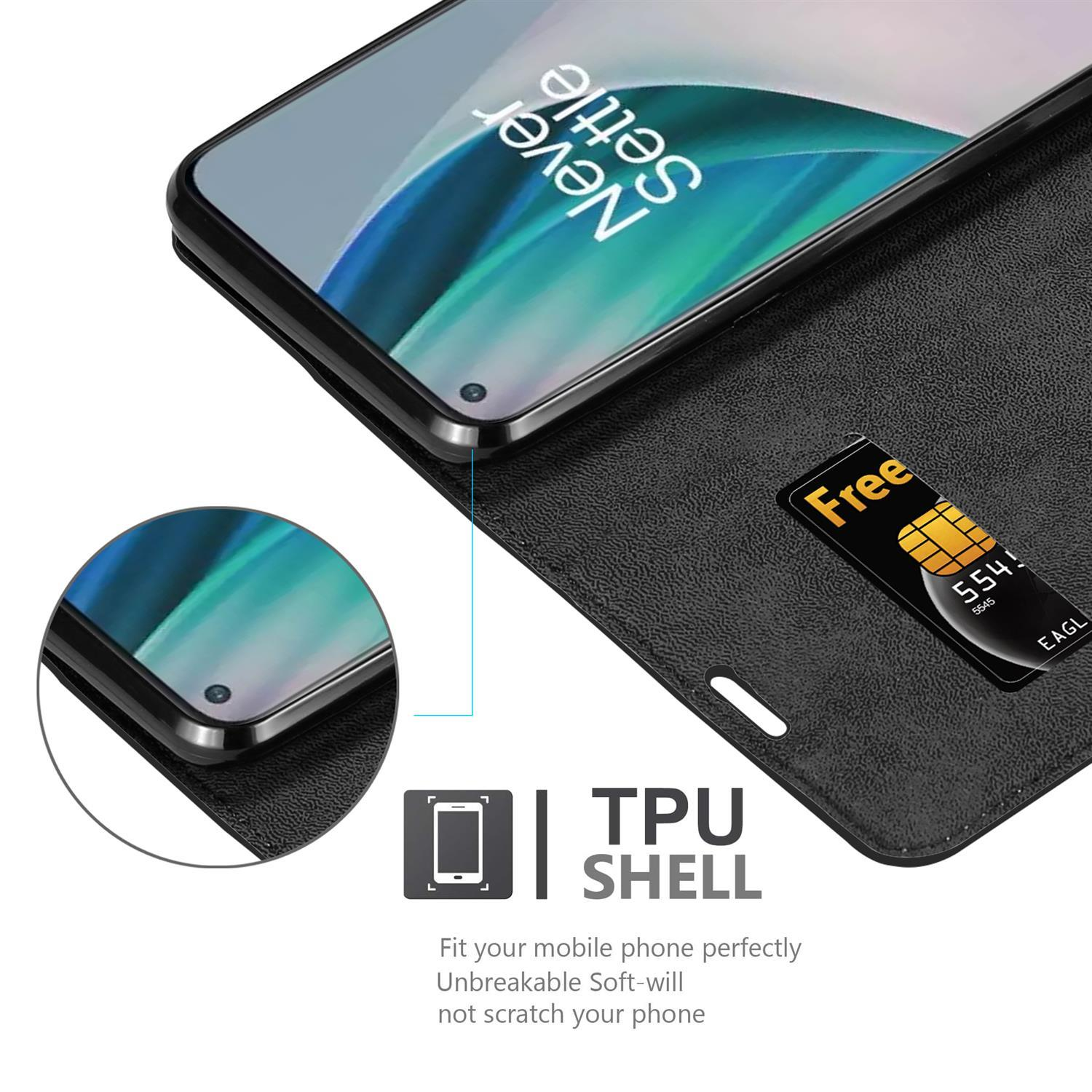 Telefono in custodia nera con porta carte. Guscio in TPU indicato. Sfondo nero.