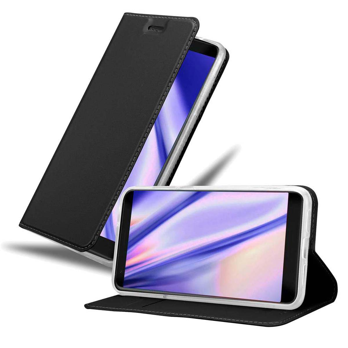 Schwarze Handyhülle, die ein Telefon auf einem Ständer hält. Der Telefonbildschirm ist sichtbar, mit einem lila Muster.