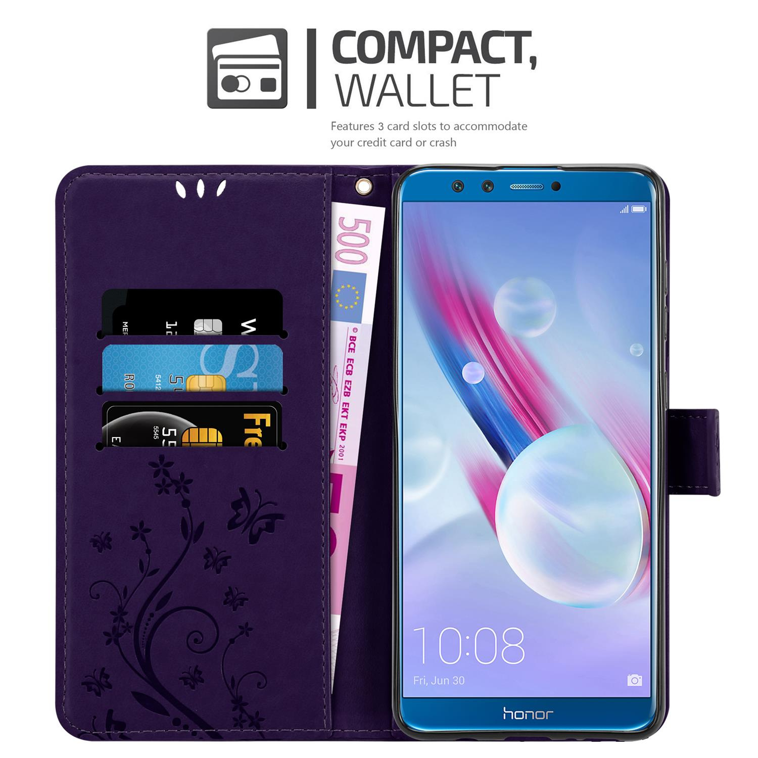 Custodia viola con fessure per carte, telefono con ora e banconota da 500 euro.