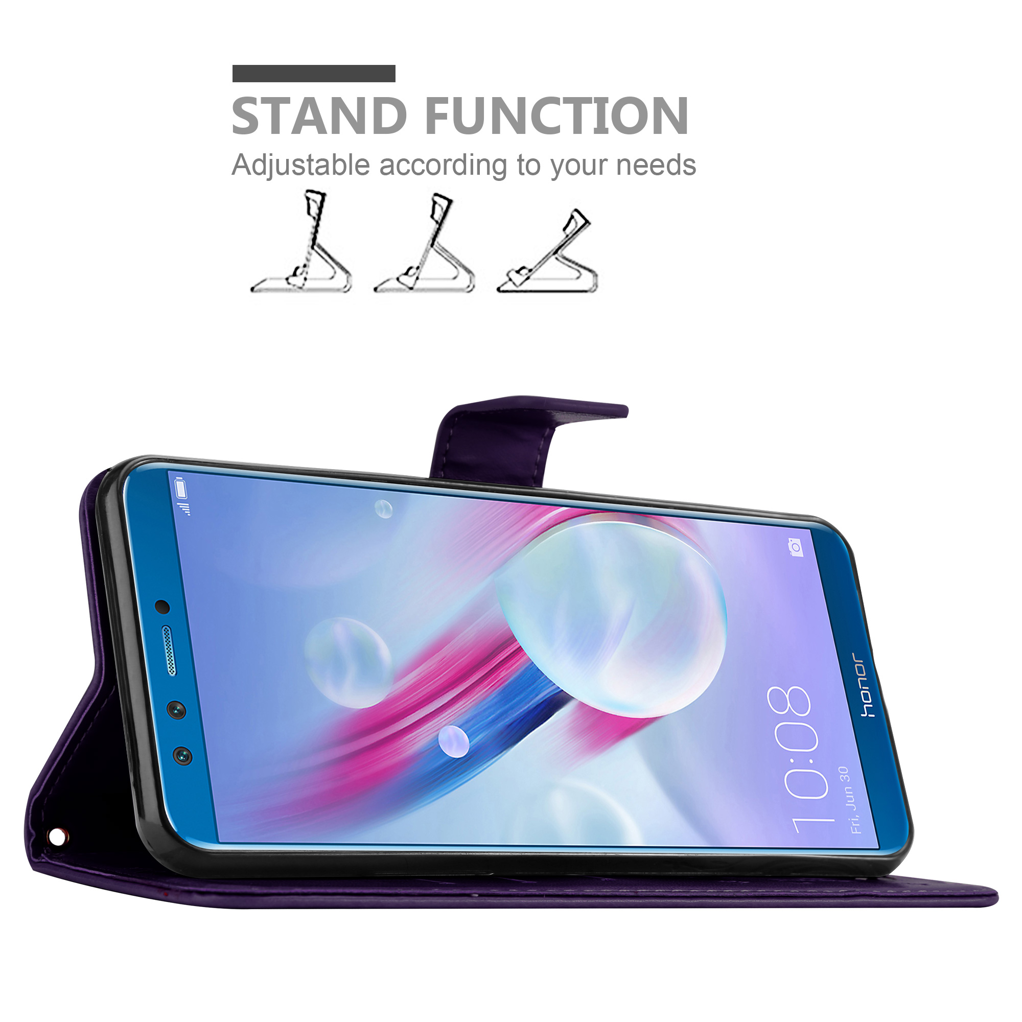 Telefono in custodia viola, aperto, che mostra schermo e illustrazione della funzione stand.