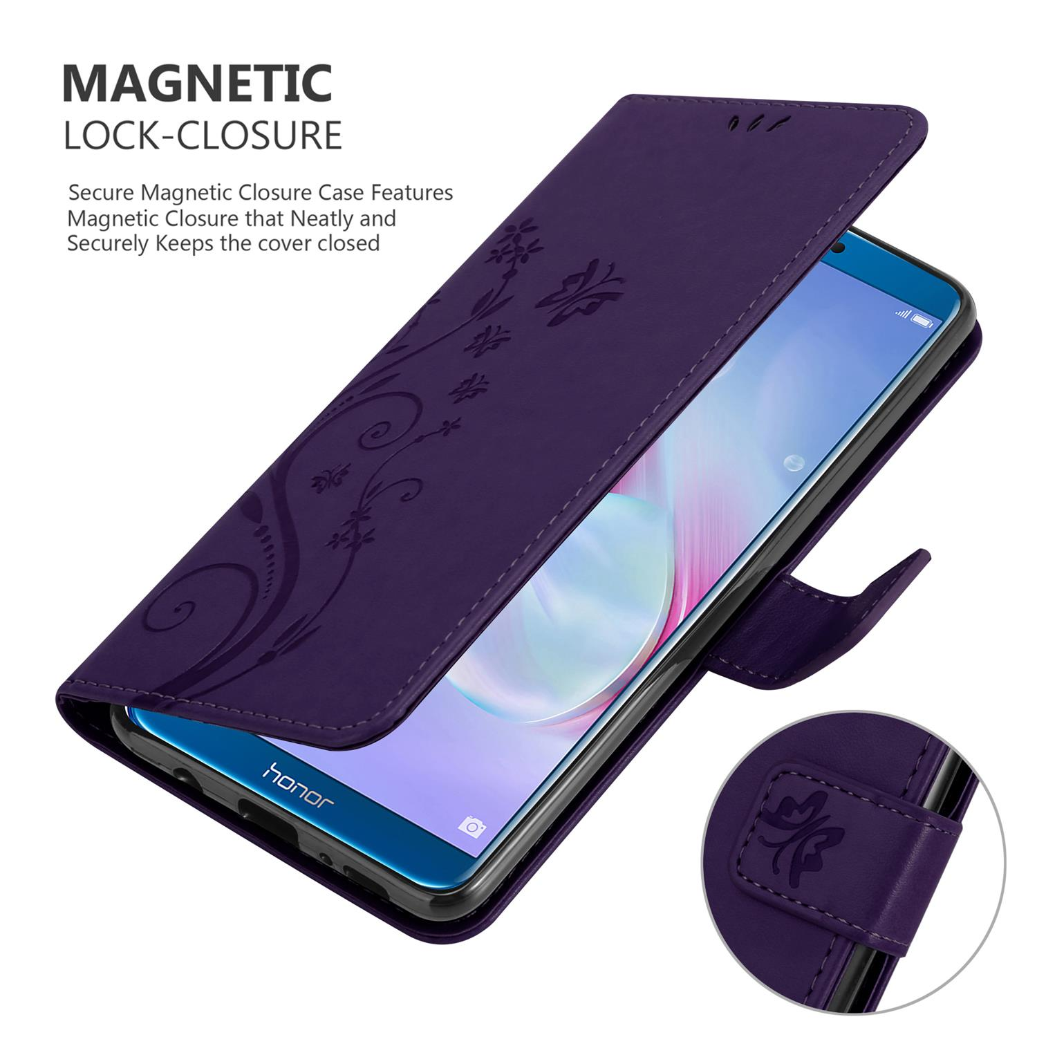 Custodia per telefono viola con design floreale, aperta, che mostra un telefono, chiusura magnetica.