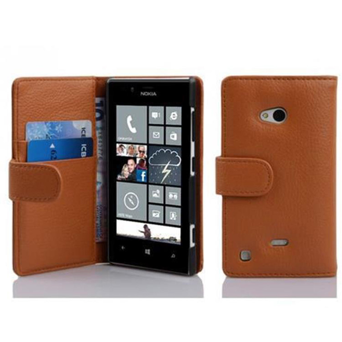 Braune Handyhülle mit Telefon. Der Bildschirm des Telefons ist an.