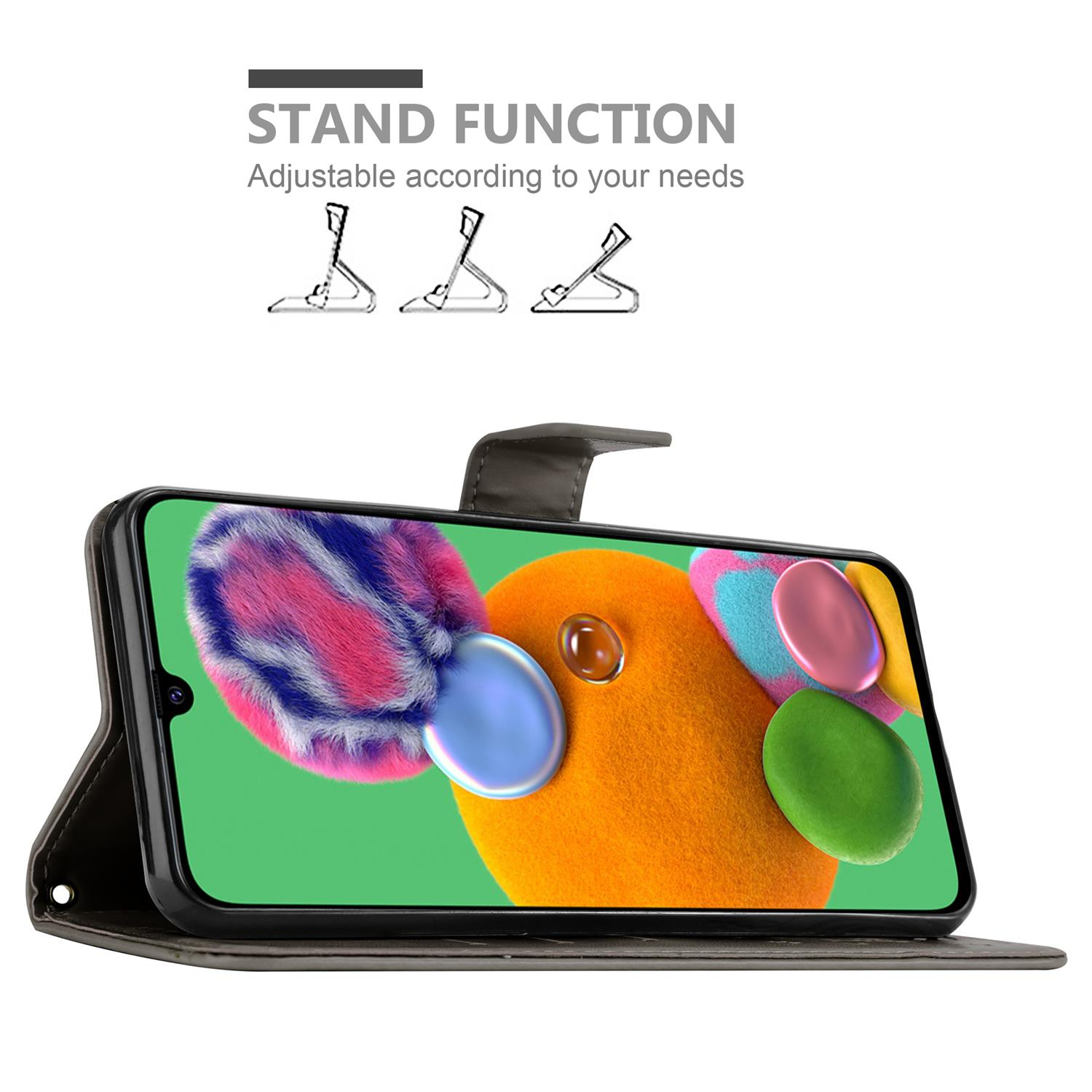 Un telefono in una custodia scura, lo schermo del telefono mostra un'immagine astratta colorata.