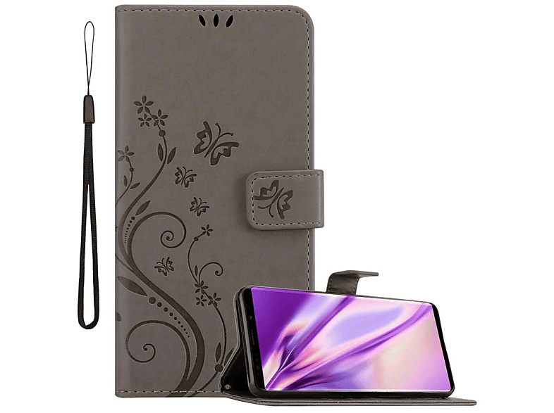 Samsung, Hülle 9, Flower Muster NOTE FLORAL GRAU Case, Bookcover, CADORABO Galaxy Blumen