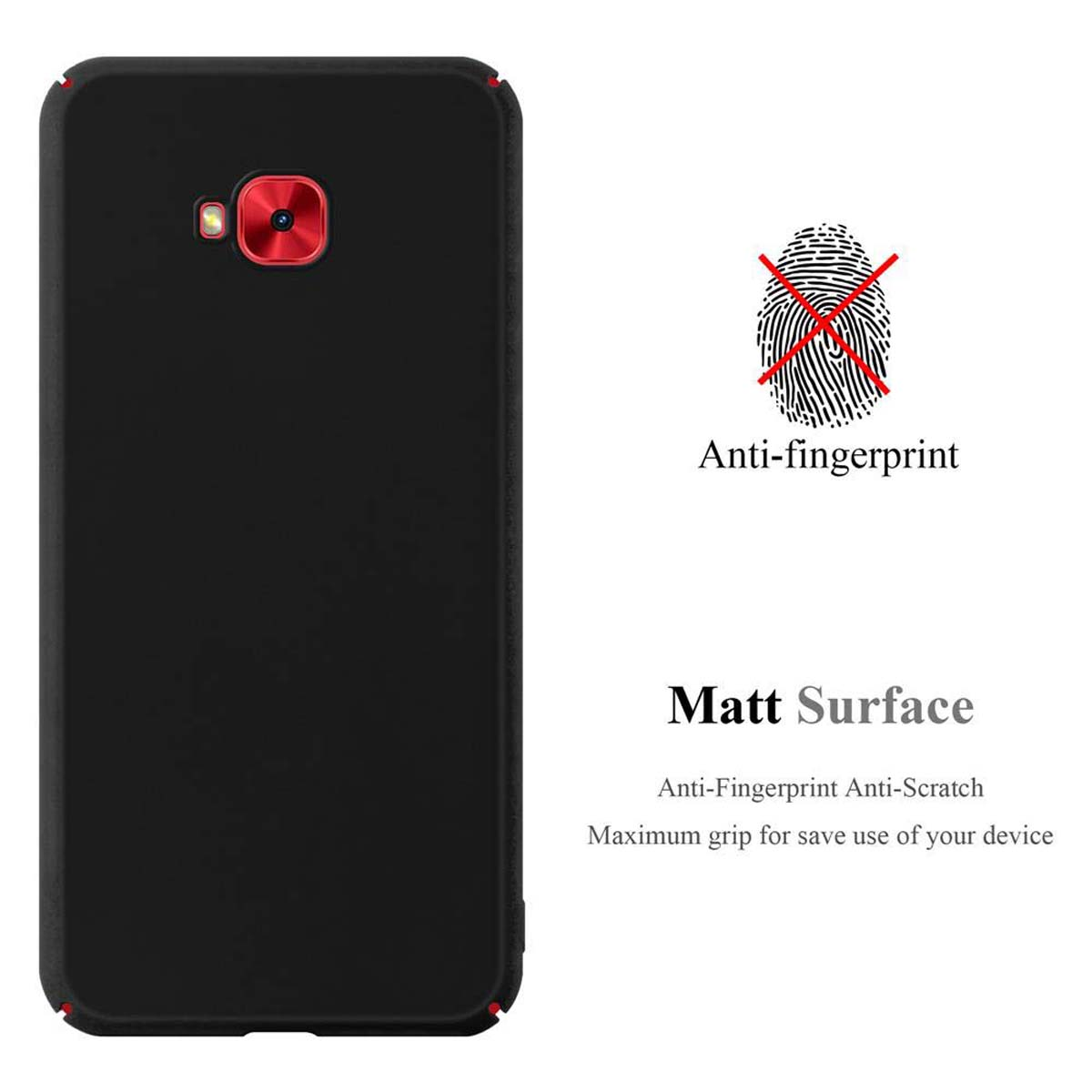 Schwarze Handyhülle, Telefon sichtbar. Text: 'Anti-Fingerprint', 'Matt Surface'.