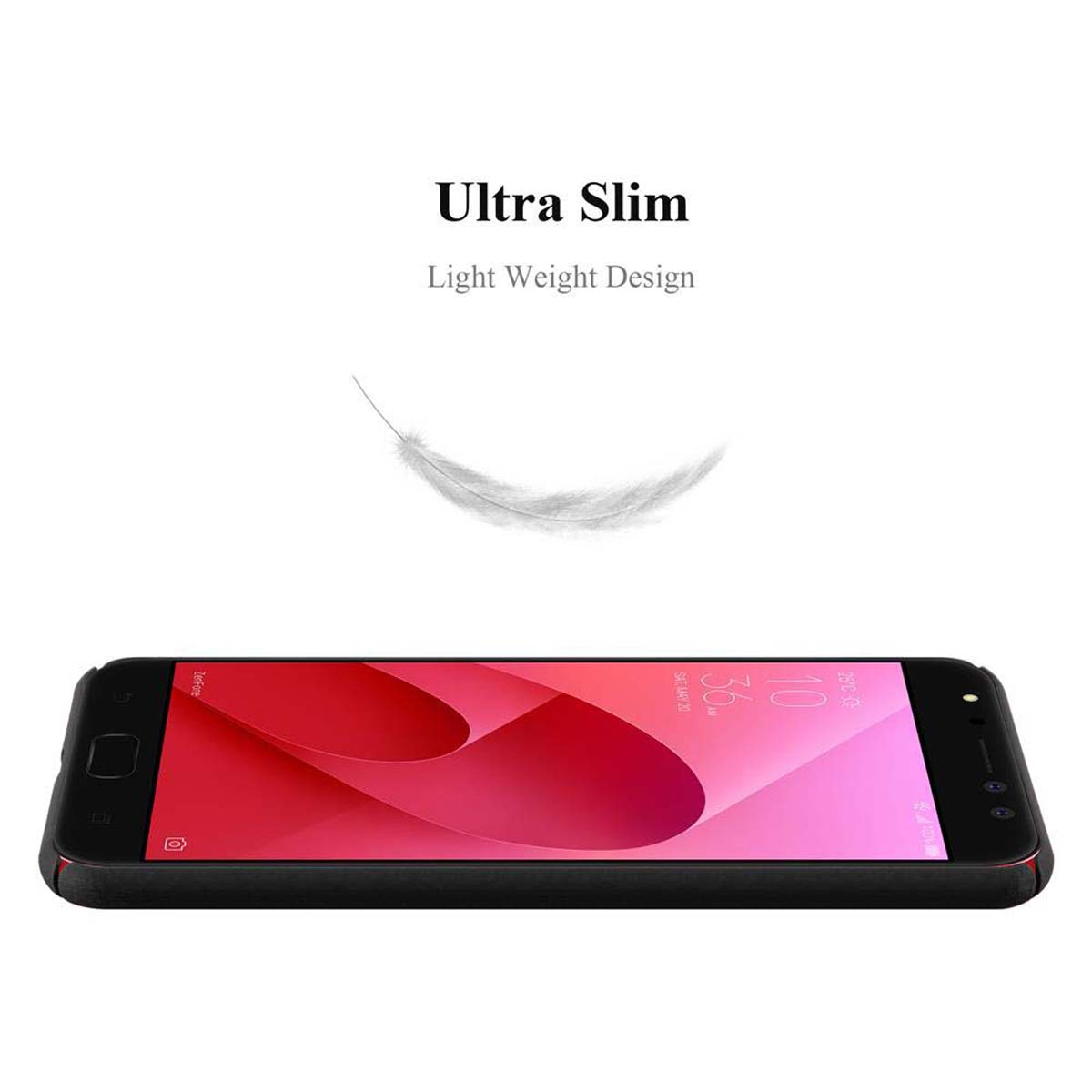 Ein schwarzes Telefon liegt auf einer flachen Oberfläche. Eine Feder schwebt darüber mit dem Text "Ultra Slim".