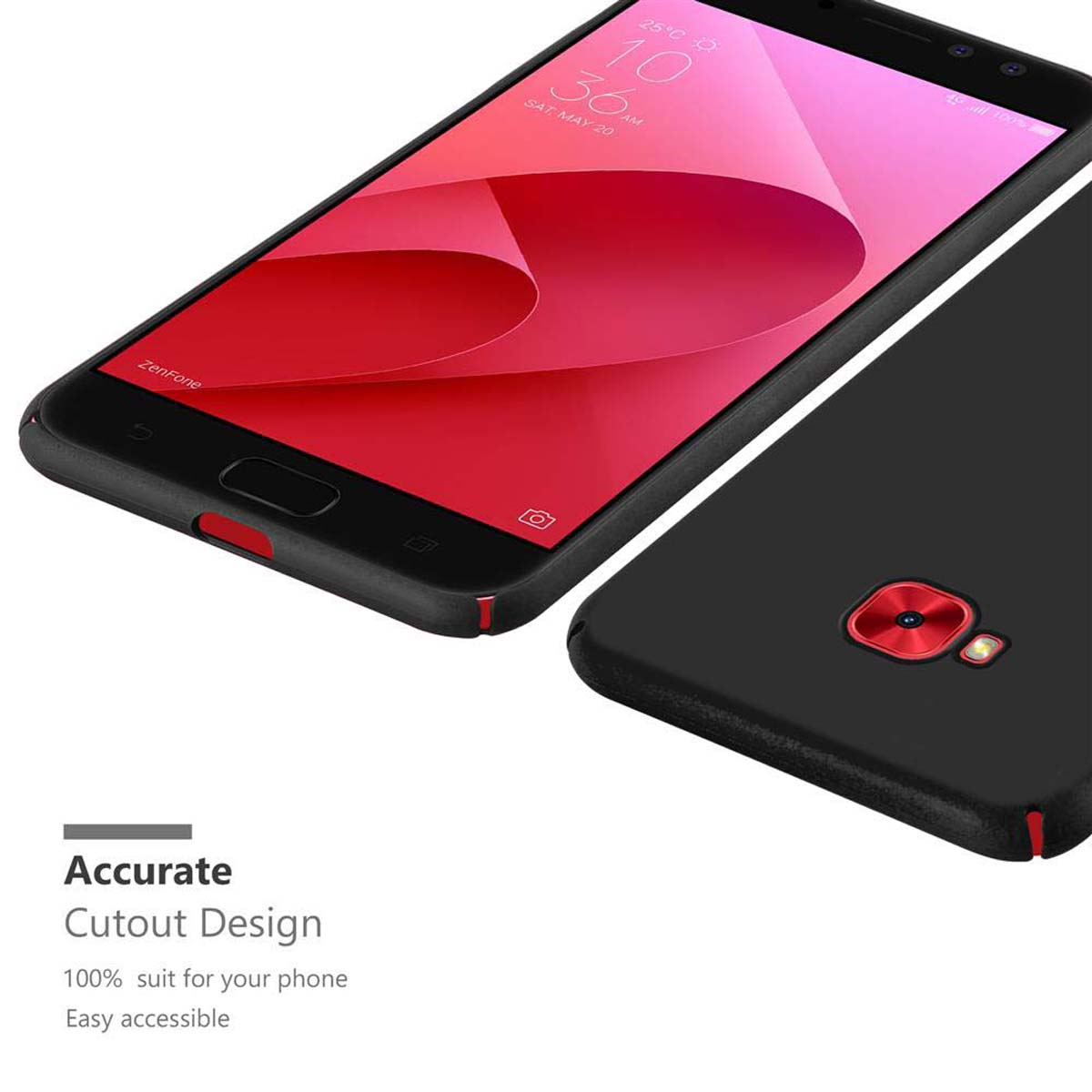 Schwarzes Telefon mit roter Hülle. Der Bildschirm zeigt Zeit und Datum. Die Hülle hat präzise Ausschnitte.