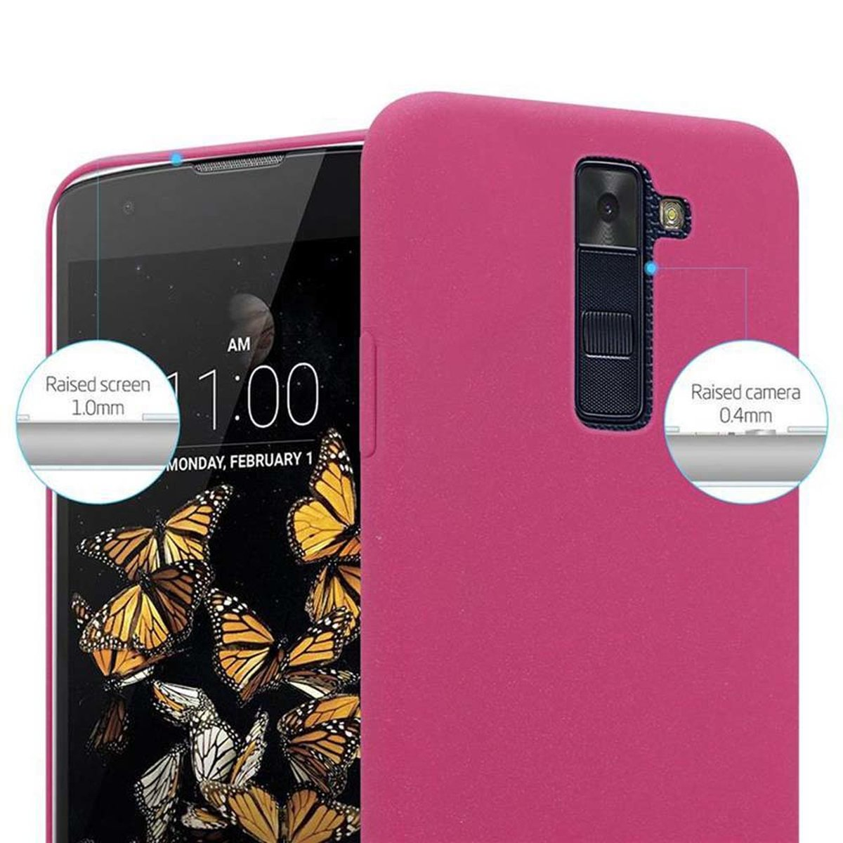 Custodia del telefono rosa con un telefono all'interno. Farfalle sullo schermo. Indicatori di schermo e fotocamera rialzati.