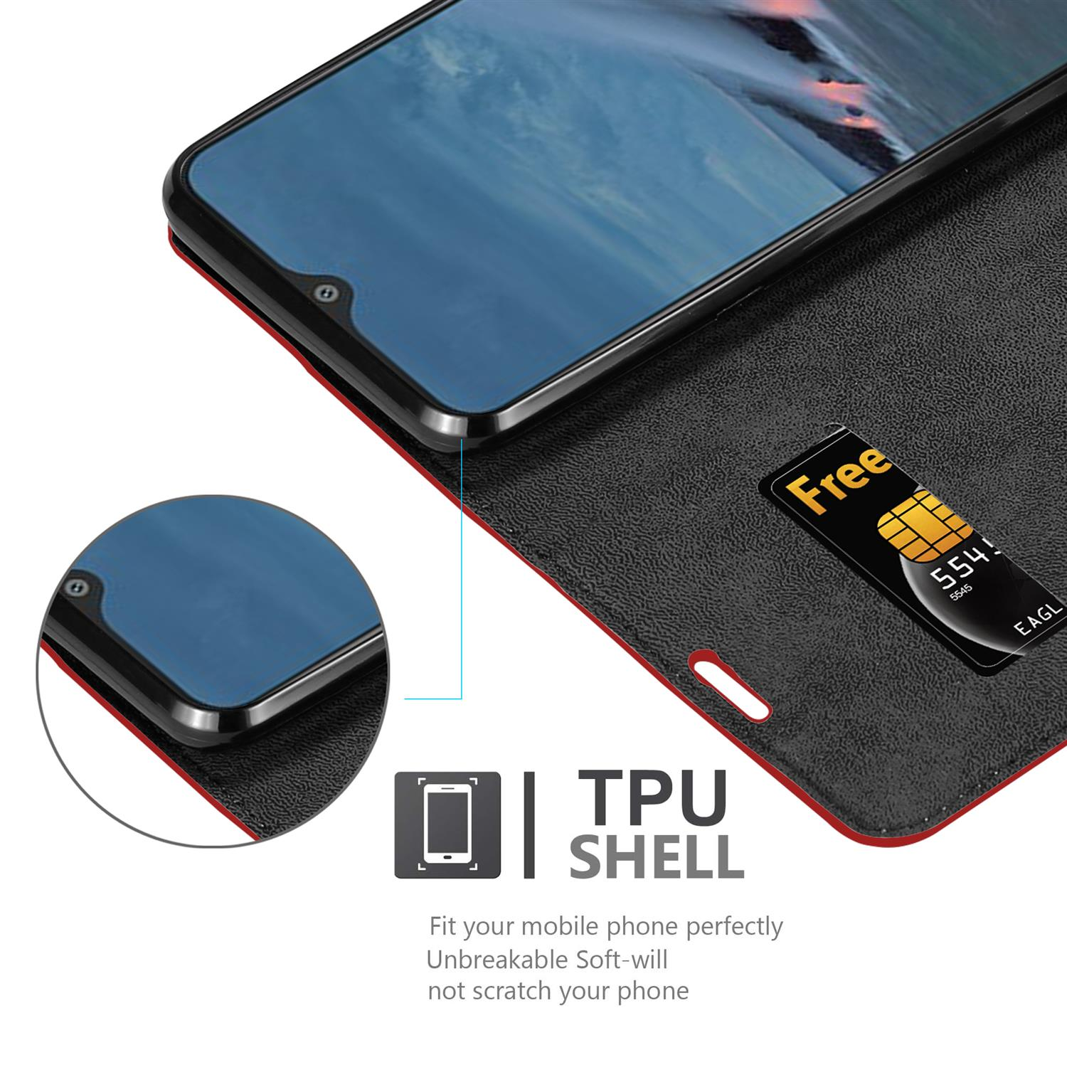 Telefono nero in una custodia bordata di rosso. Una carta con un chip dorato è sulla custodia.