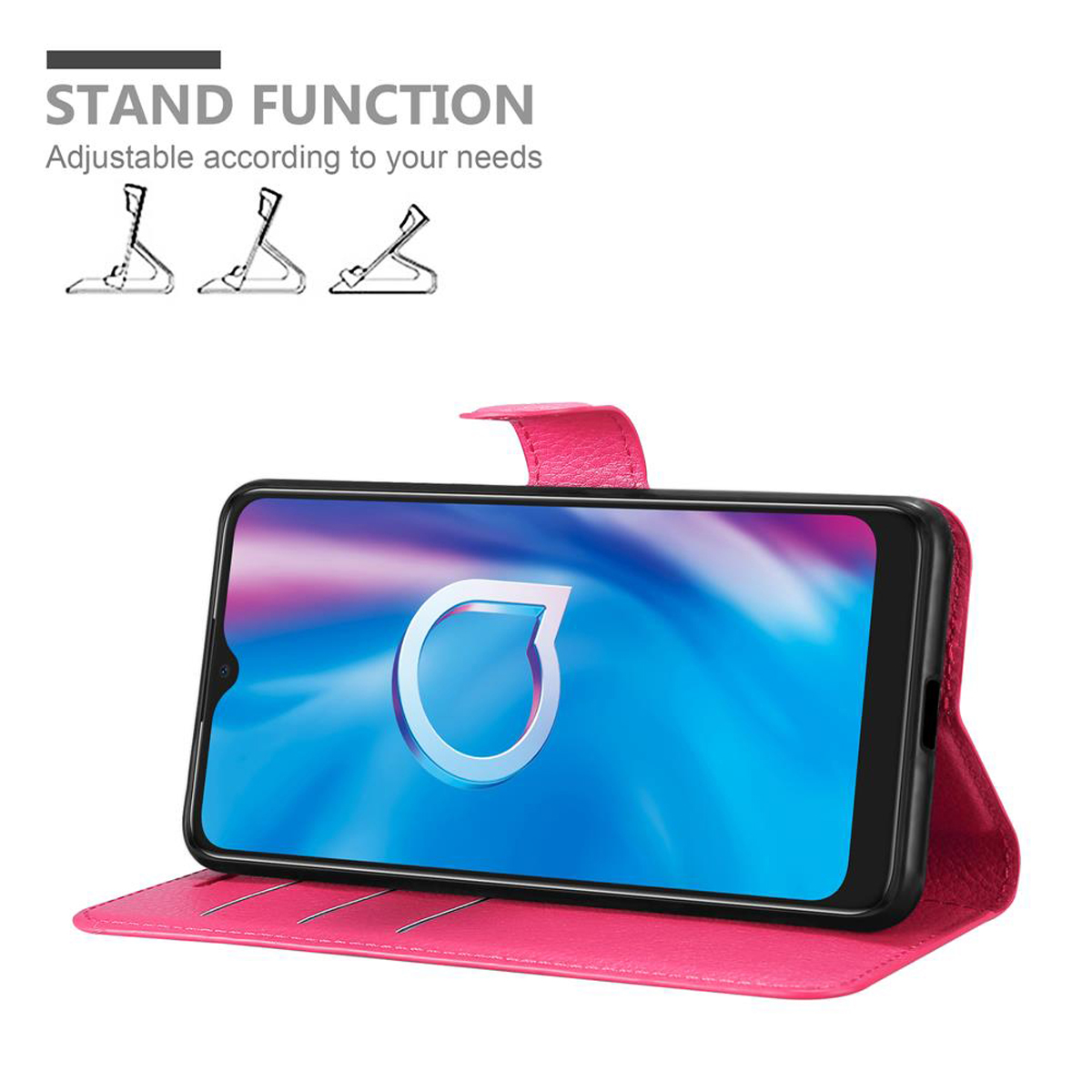 Custodia per telefono rosa aperta con un telefono all'interno. Il telefono mostra uno schermo blu e bianco. Funzione supporto.
