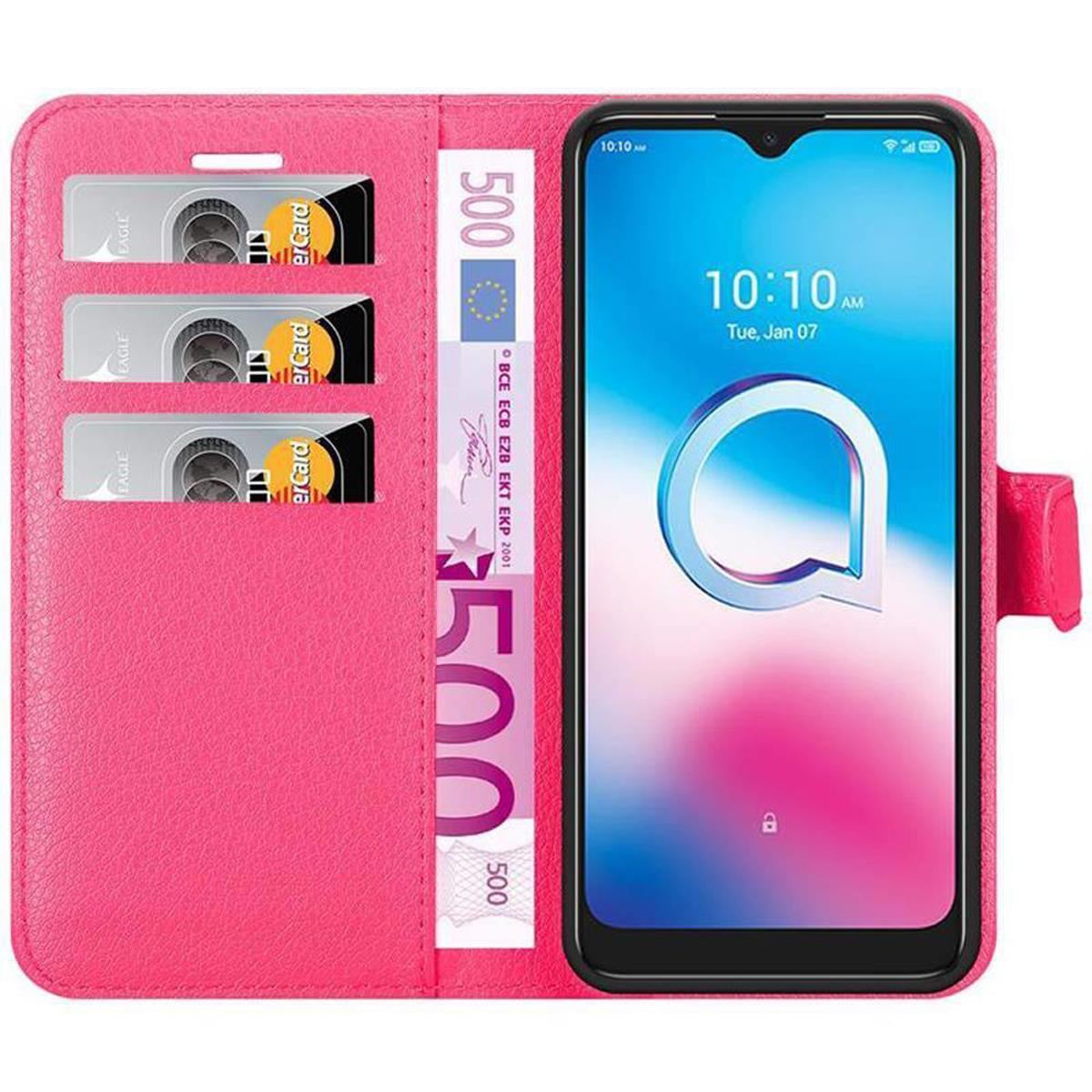 Custodia rosa aperta con telefono, slot per carte, carte e denaro.