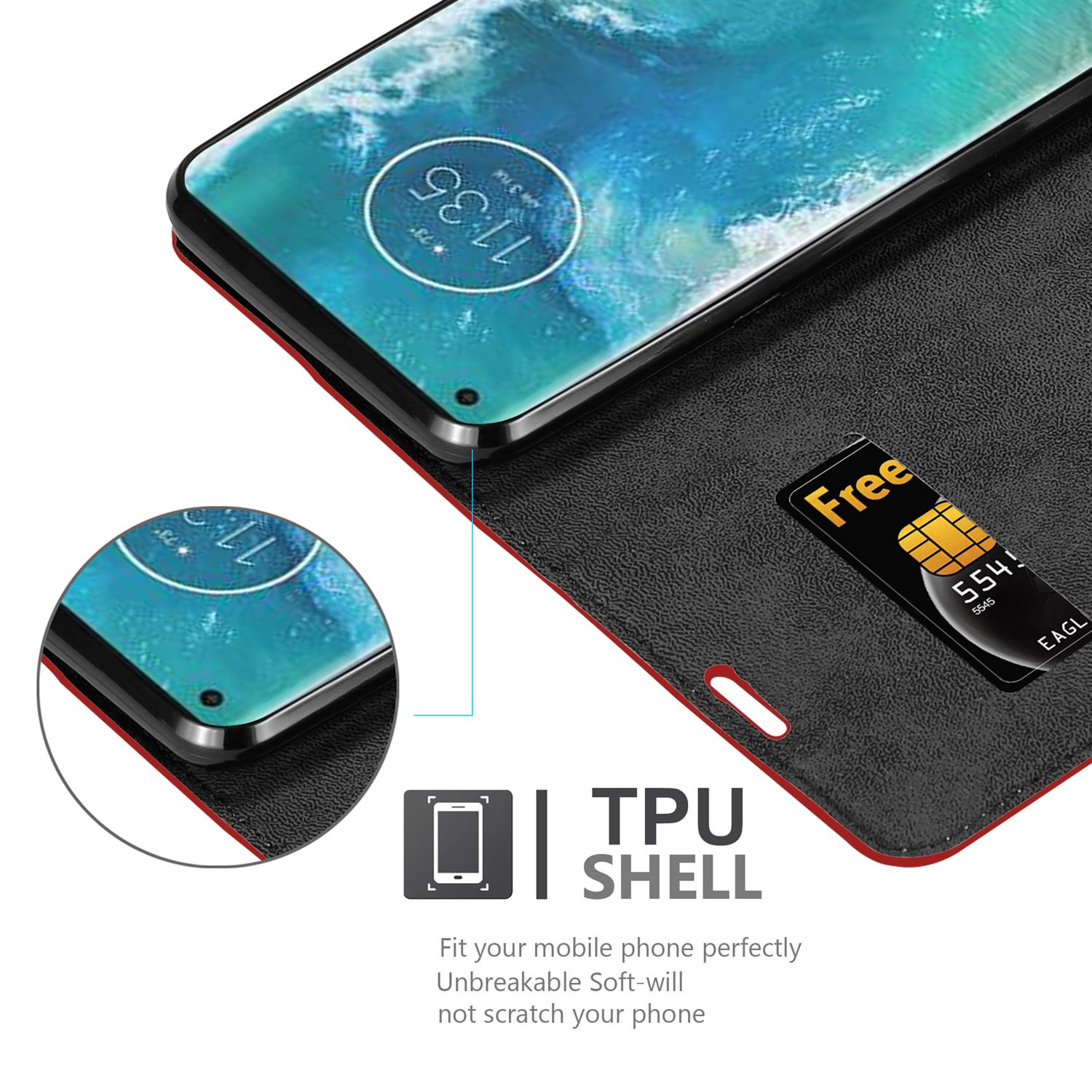 Schwarze Handyhülle mit Telefon im Inneren. Eine Karte mit 'Free' wird gezeigt. Unterer Text: 'TPU SHELL'.