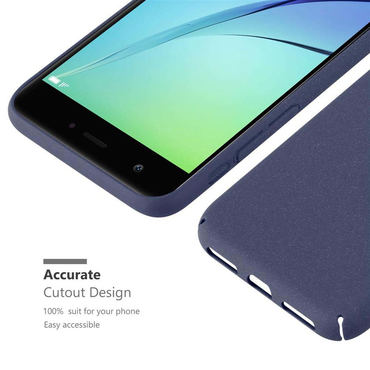 Custodia per telefono, blu navy, con design ritagliato e forma del telefono parzialmente visibile.