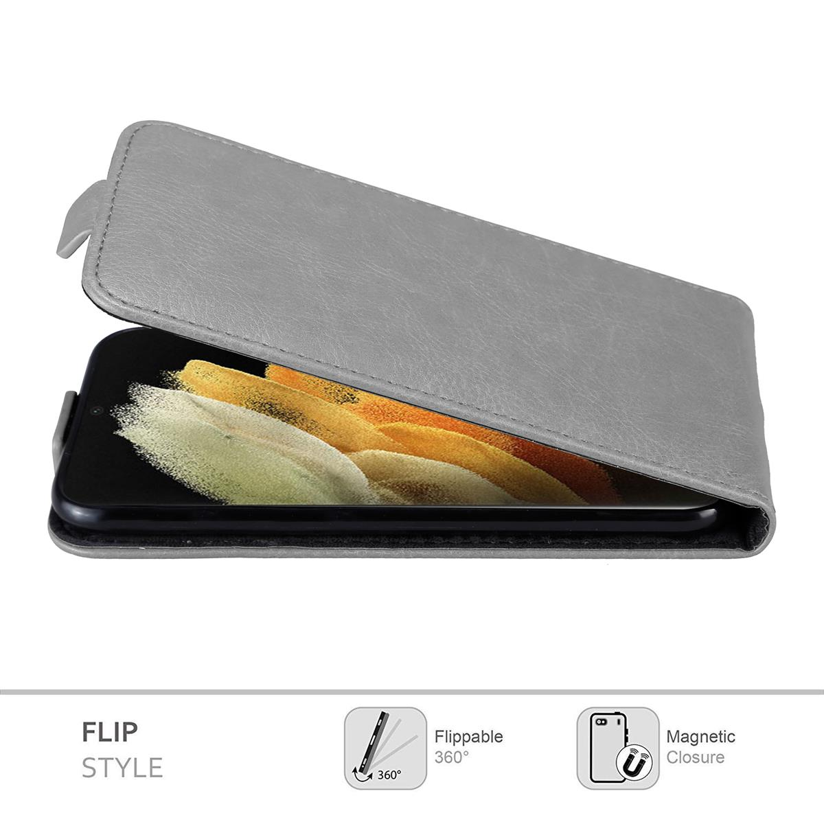 Custodia grigia aperta, mostra telefono. Stile flip mostrato. Chiusura magnetica.