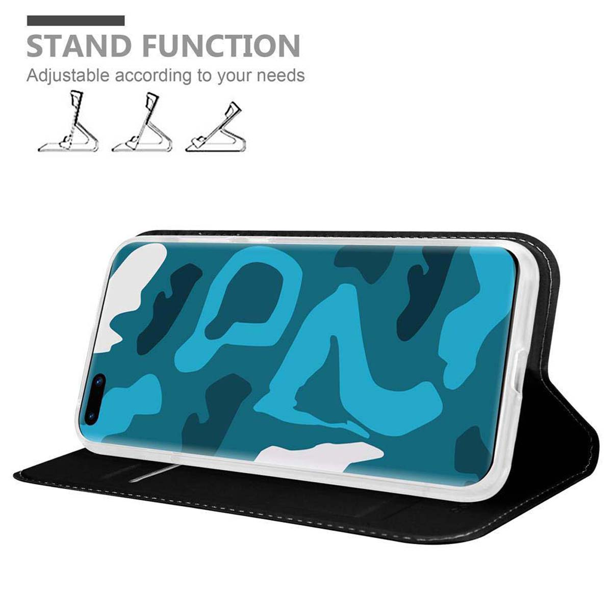 Eine schwarze Geldbörsenhülle ist geöffnet, mit einem Camouflage-Design-Telefon im Inneren. Der Text lautet Standfunktion.