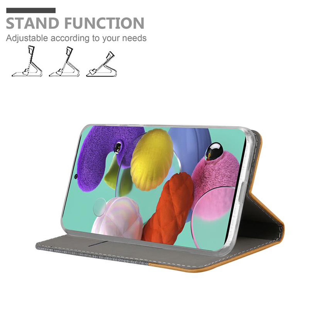 Handyhülle mit Telefon, Text zur Standfunktion. Der Hintergrund ist weiß.