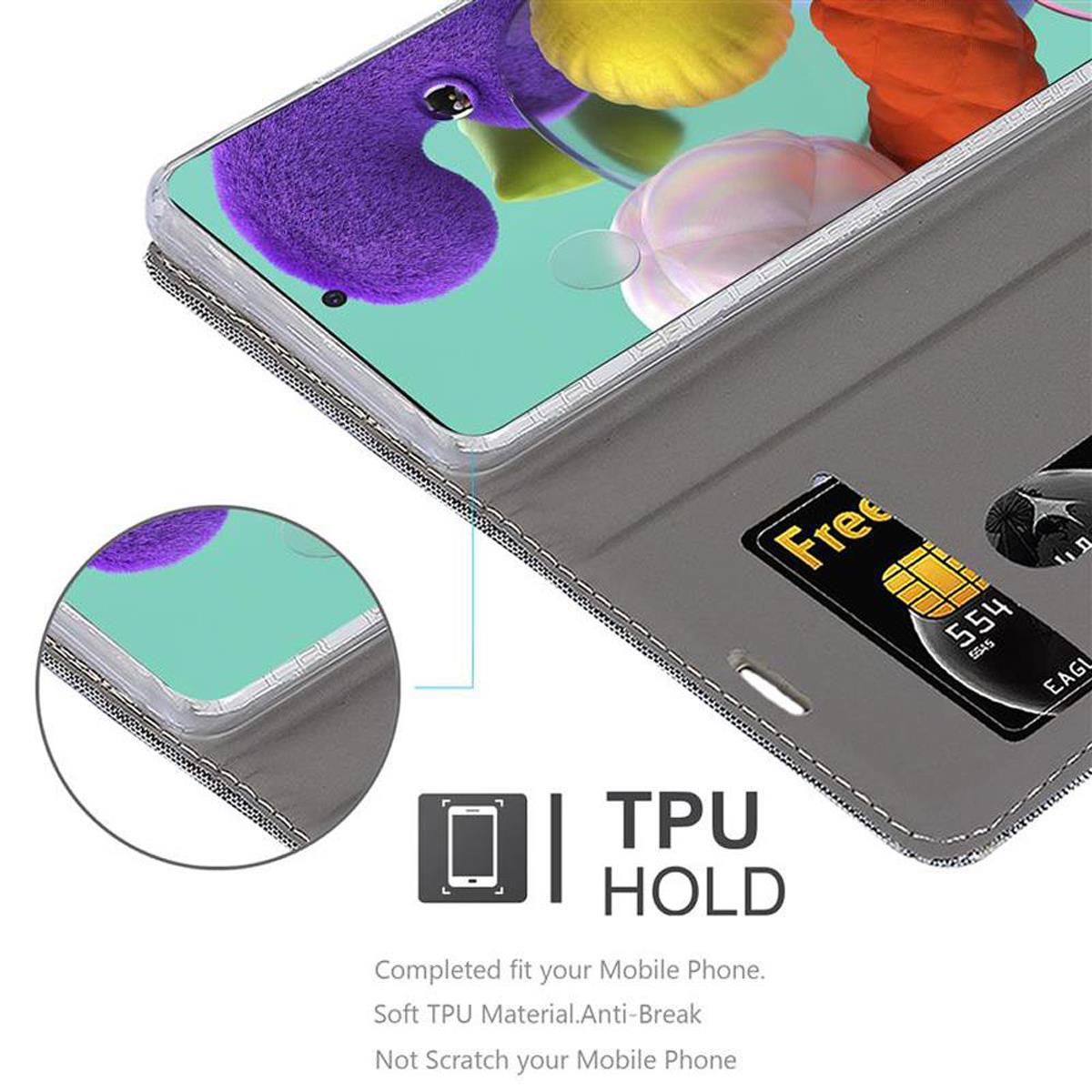 Telefon in grauem Etui mit Karte. Das Etui ist offen. Buntes Hintergrundbild wird angezeigt.