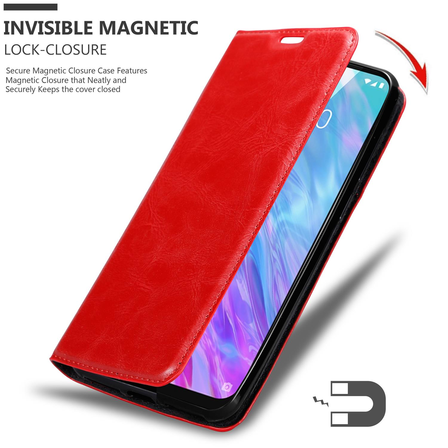 Eine rote Handyhülle ist geöffnet und zeigt den Bildschirm. Die Hülle hat einen Magnetverschluss.