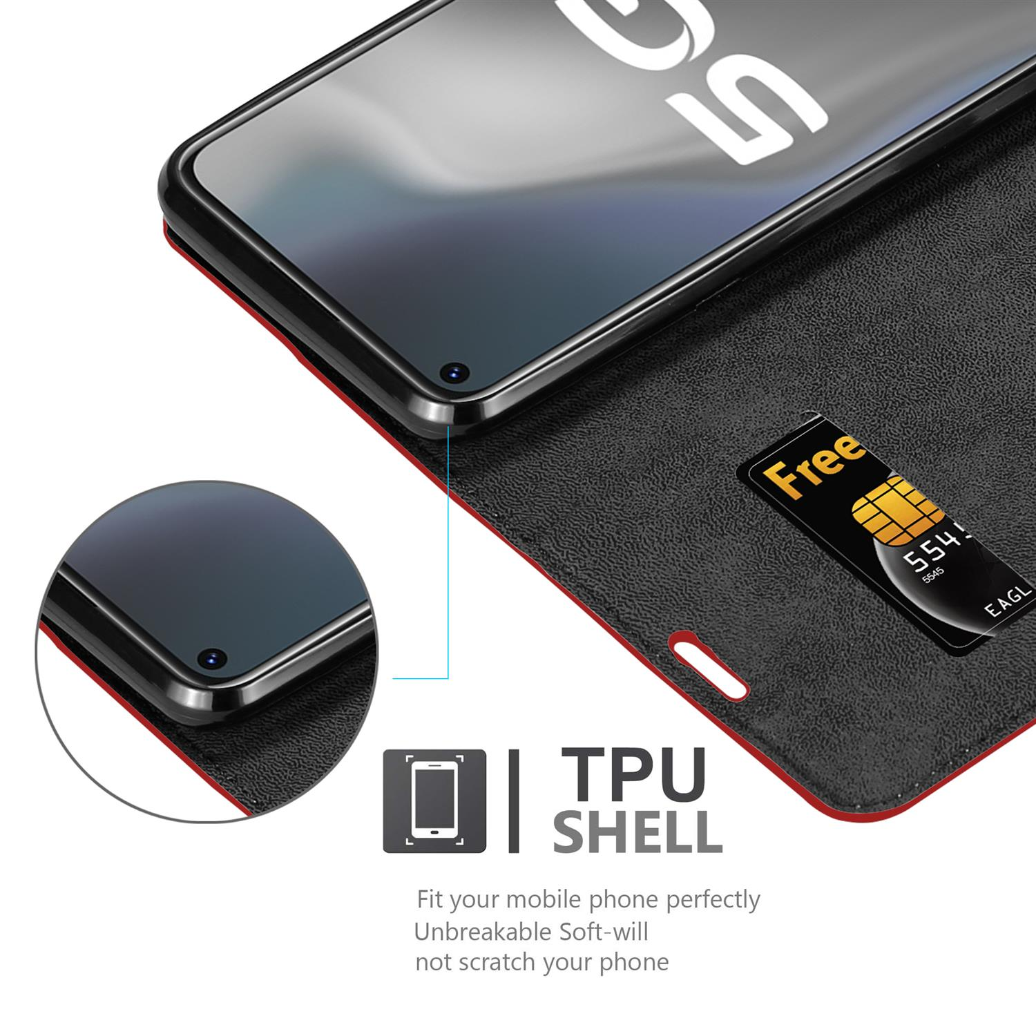 Telefon im Case. Zeigt eine Karte und TPU-Shell-Details. Text: TPU-Hülle. Passen Sie Ihr Telefon perfekt an.