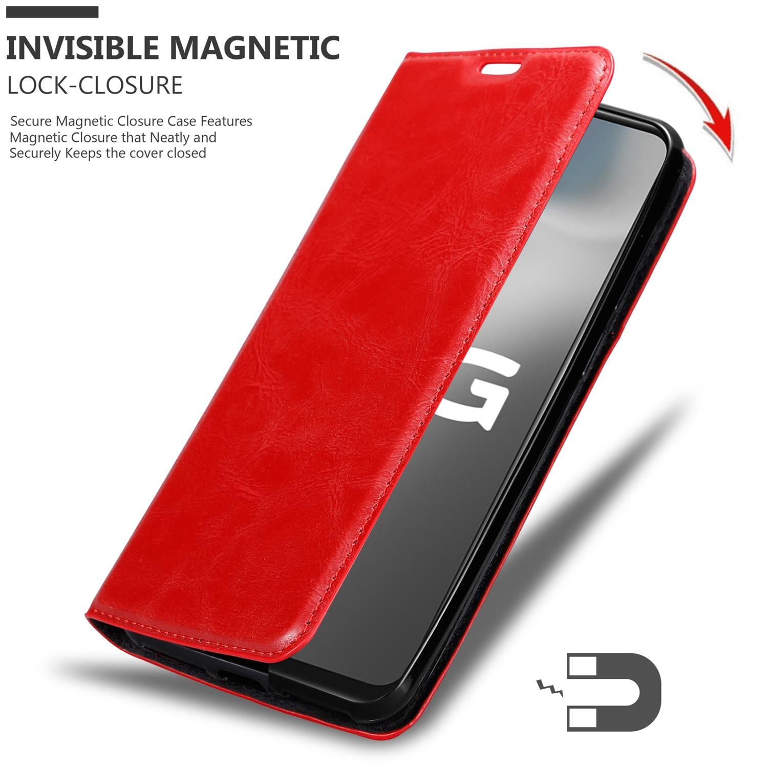 Eine rote Handyhülle mit magnetischem Verschluss. Die Hülle ist geöffnet und zeigt das Telefon im Inneren.