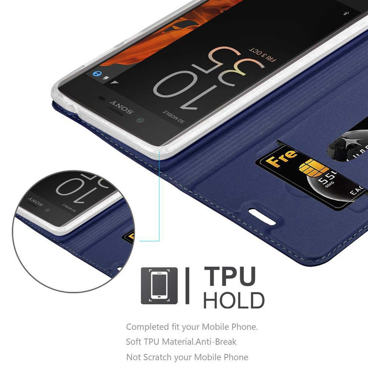 Custodia blu con telefono dentro. Carta nella fessura. Il testo dice supporto TPU.