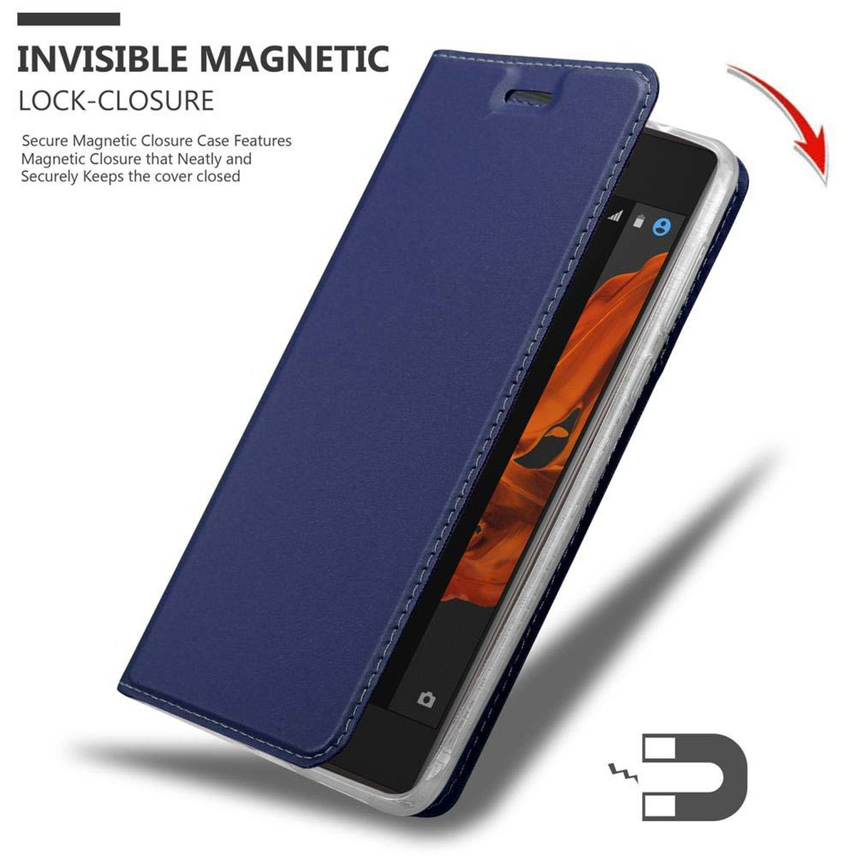 Custodia per telefono blu aperta, che rivela un telefono all'interno. La custodia è dotata di una chiusura magnetica invisibile.