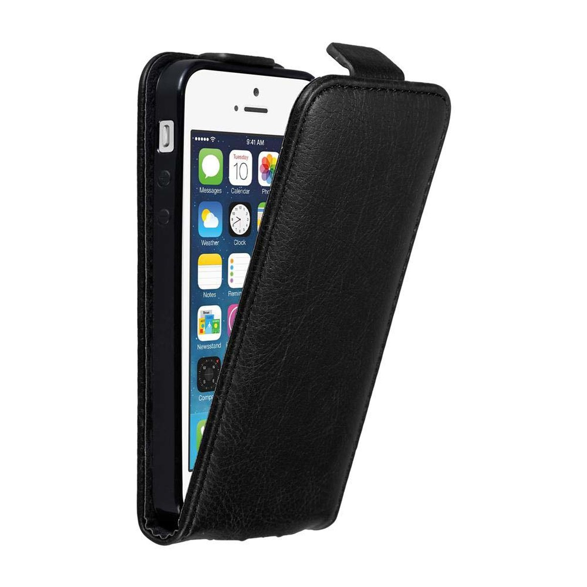 Funda de teléfono negra con teléfono dentro, abierta para mostrar la pantalla.