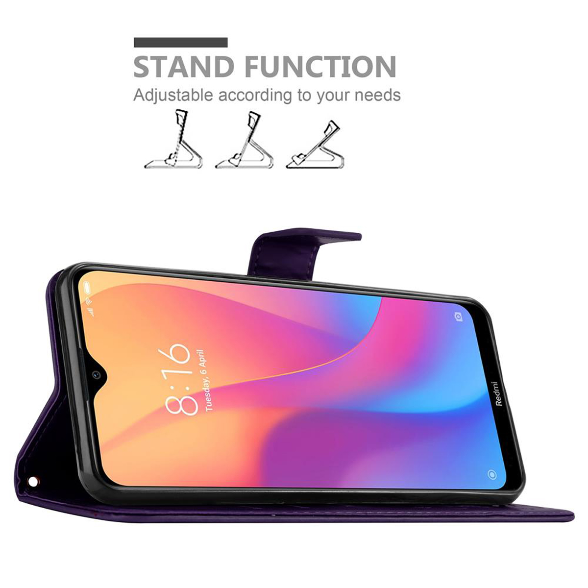 Eine lila Handyhülle mit einem Telefon mit der Uhrzeit 8:16 und Symbolen für die Standfunktion.