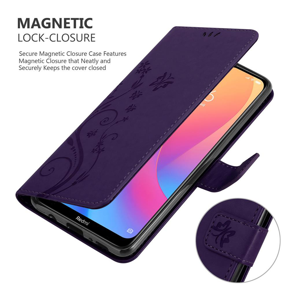 Eine lila Handyhülle mit floralem Design, geöffnet, um ein Smartphone zu zeigen.