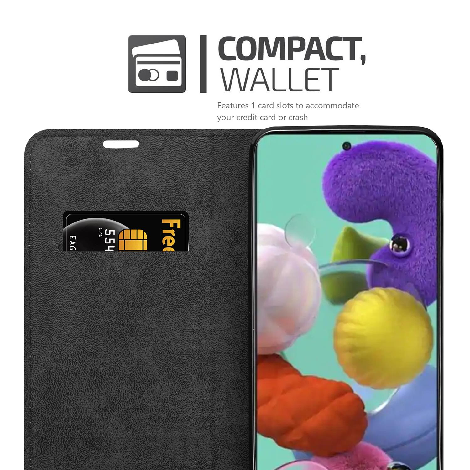 Schwarze Handyhülle mit Kartenfach. Im Fach ist eine goldene Karte zu sehen, zusammen mit dem Telefon.