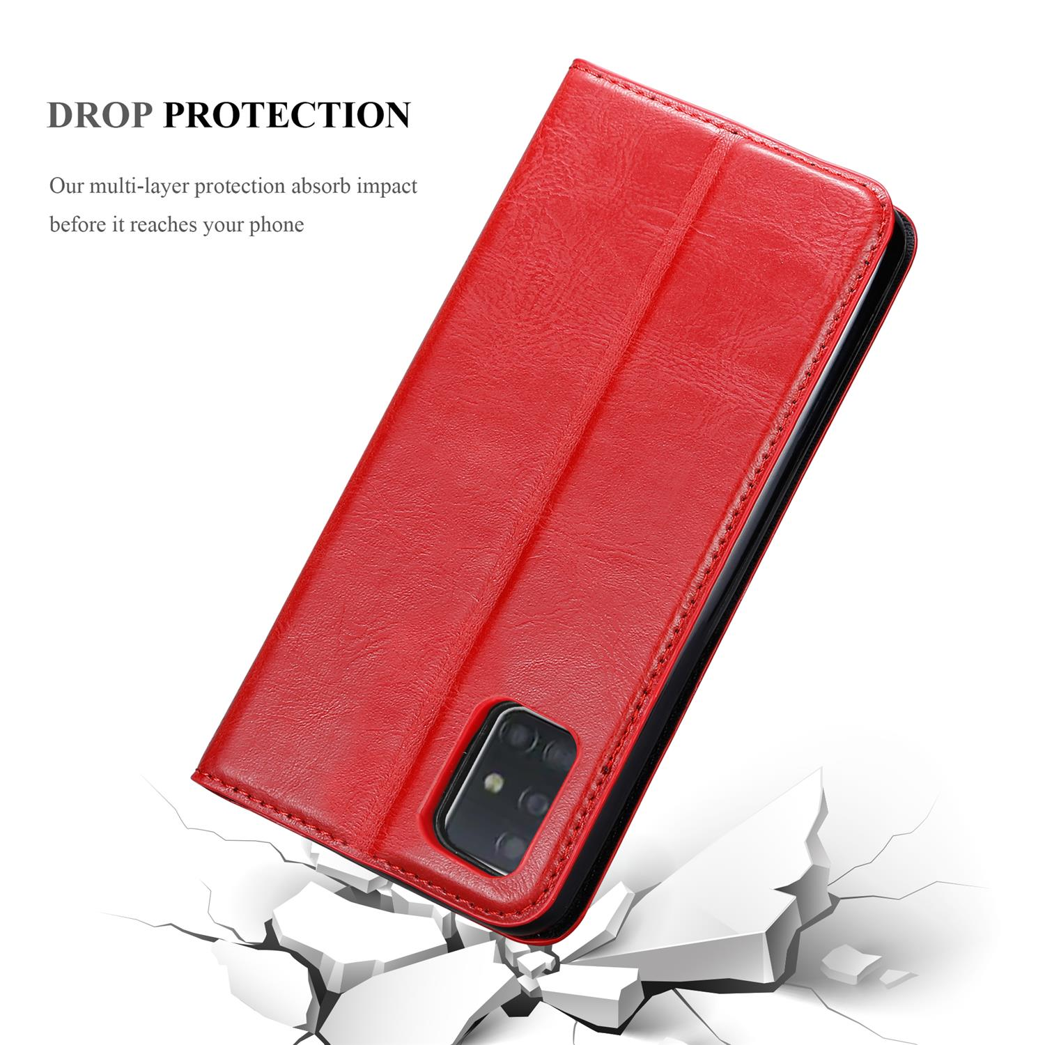 Rote Handyhülle, geschlossen, mit Telefon und Text 'DROP PROTECTION' und zerbrochener Oberfläche.