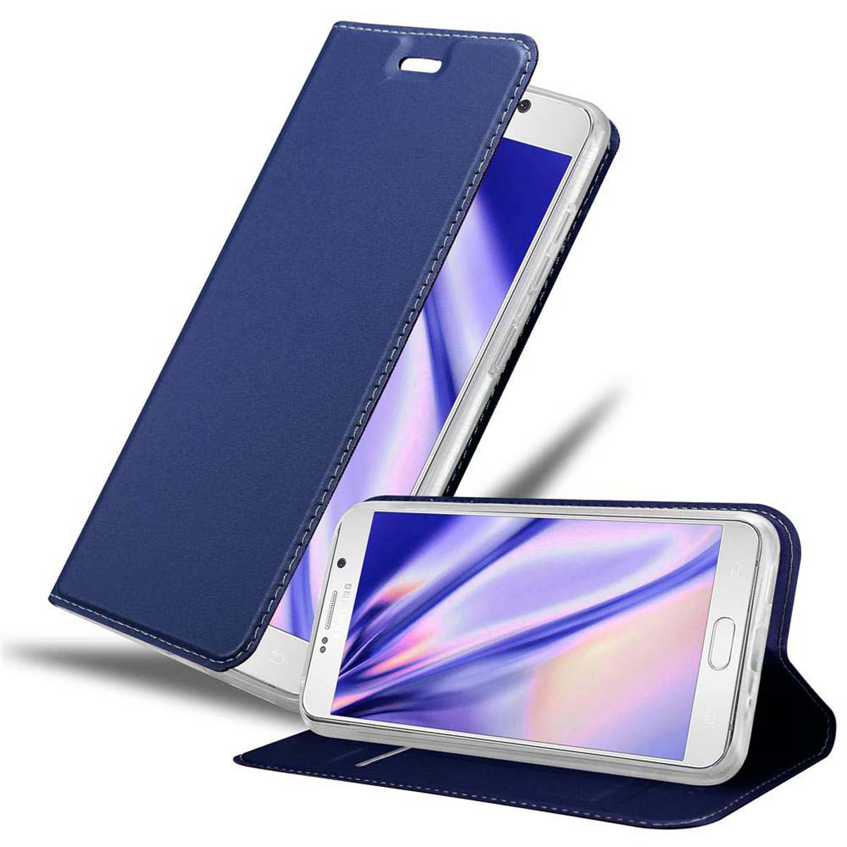 Custodia blu, aperta, mostra un telefono bianco con display colorato.