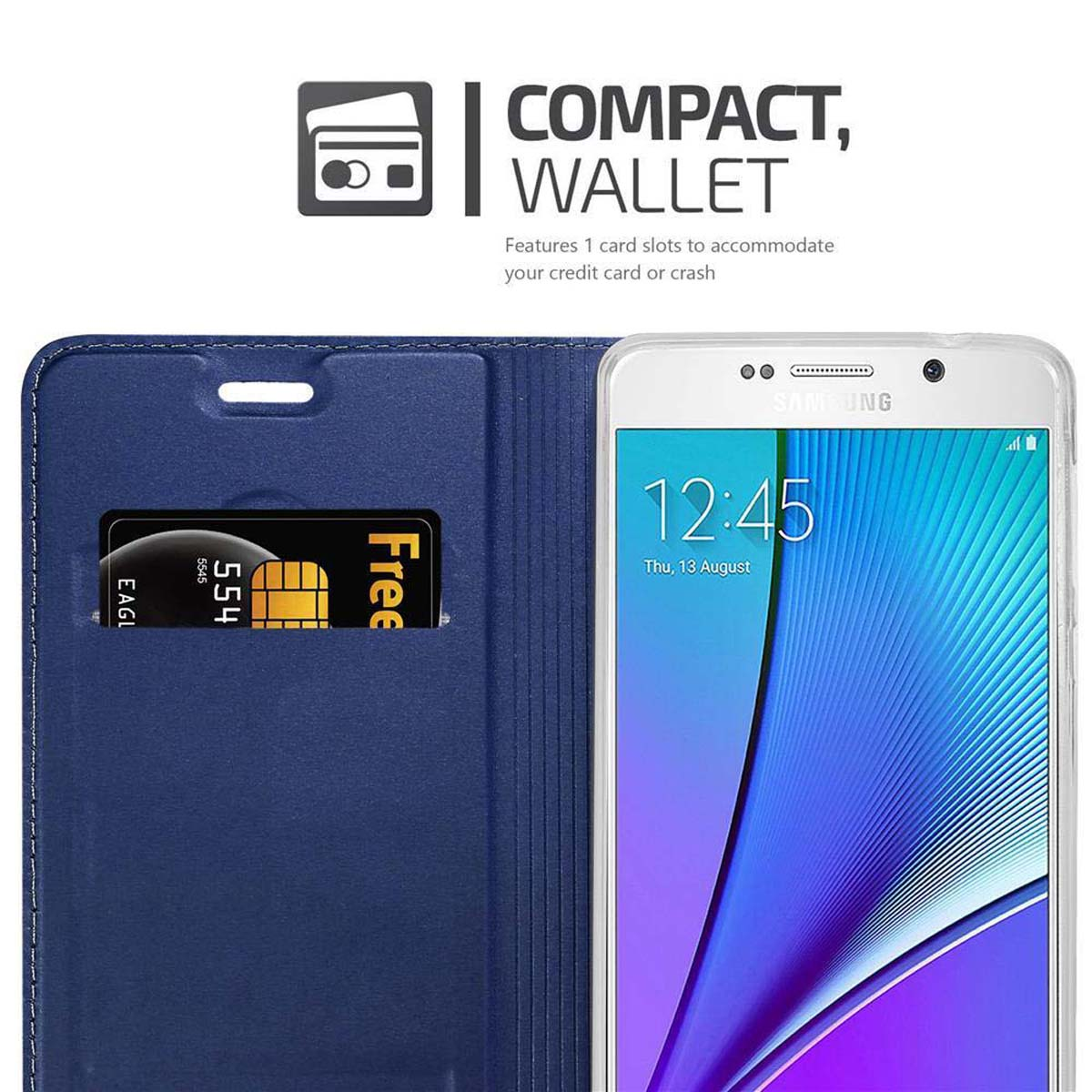 Una custodia a portafoglio blu con un telefono e una carta di credito nello slot per schede.
