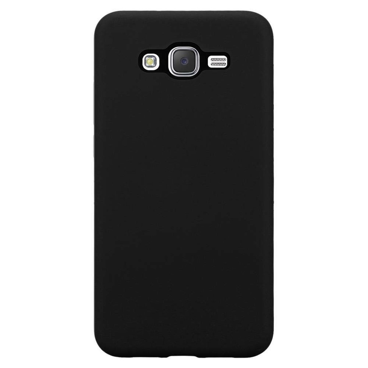 Una custodia per telefono nera con ritaglio per fotocamera e flash, su una superficie bianca, design semplice.