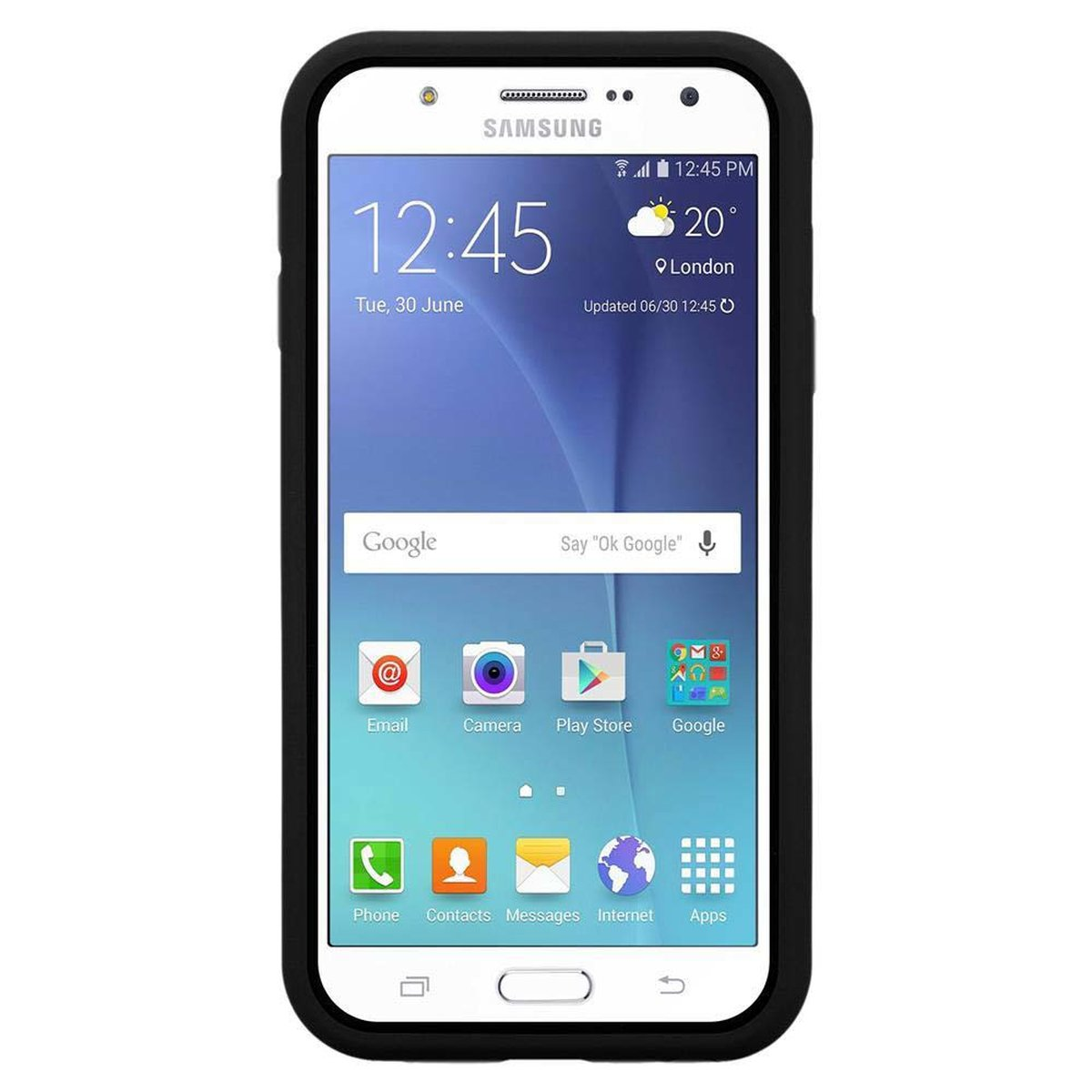 Telefono Samsung bianco con custodia nera che mostra l'ora, il meteo e le app. Lo schermo è acceso.