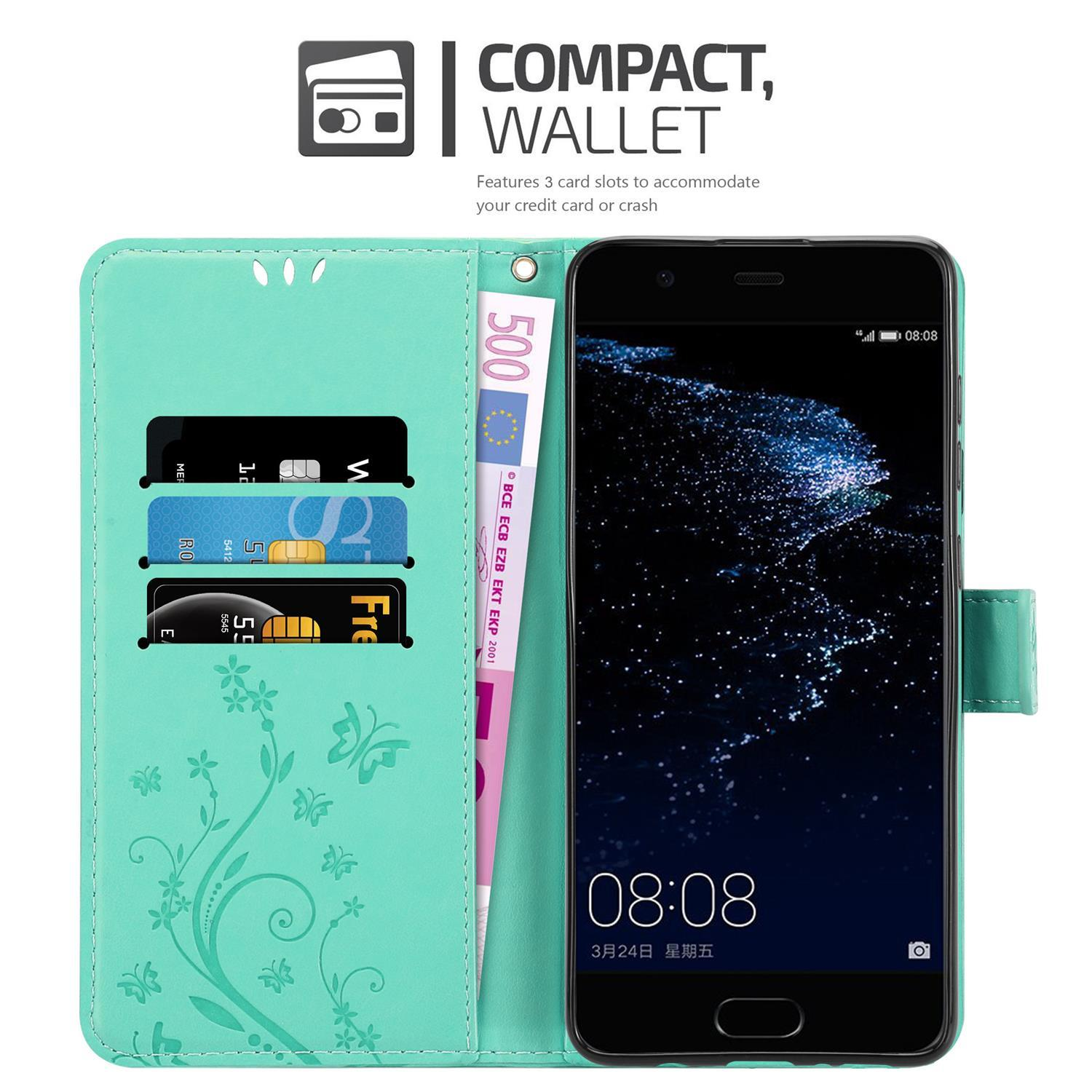 Custodia turchese con carte e contanti. Telefono a destra. Design floreale.