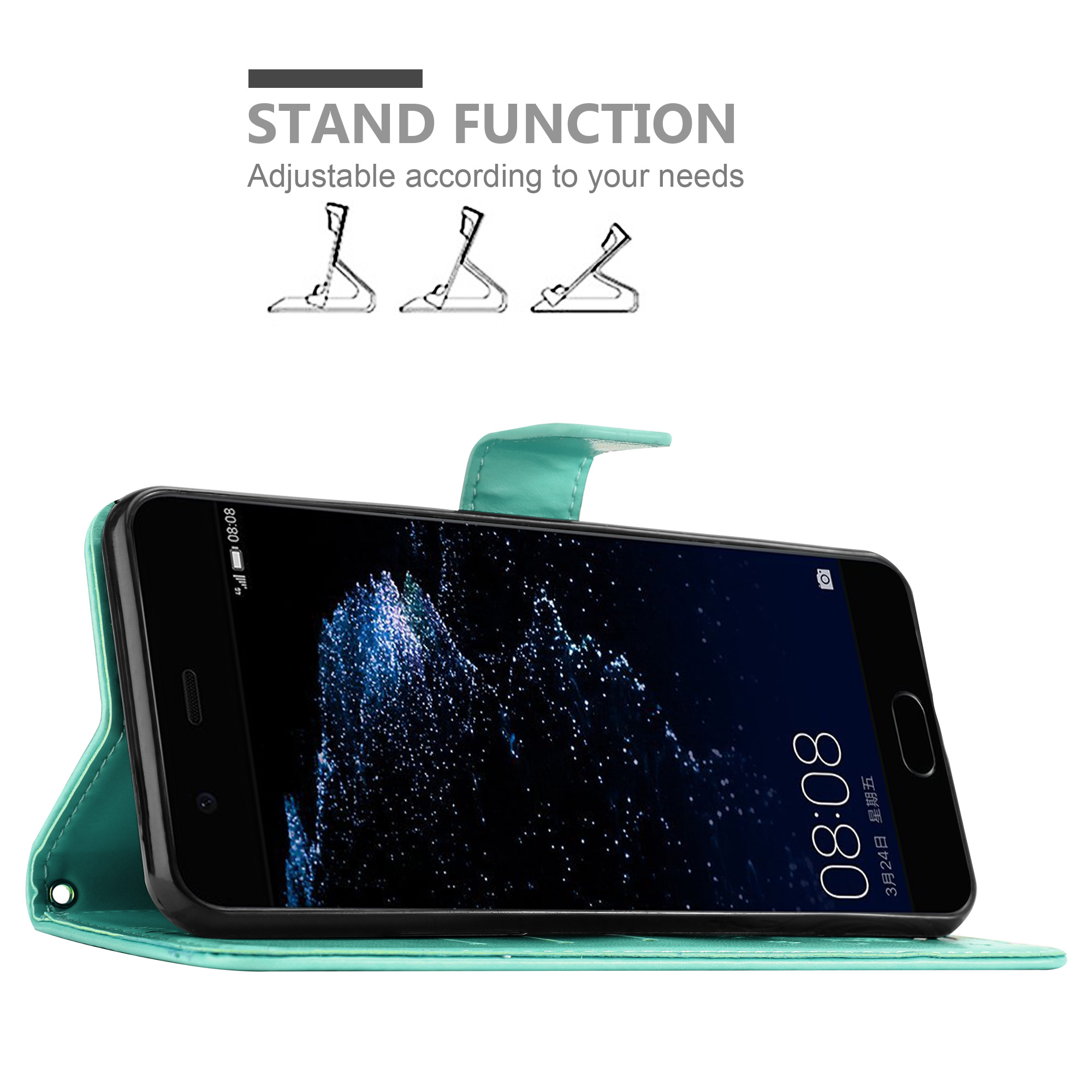Telefono in custodia verde acqua con funzione supporto. La custodia è aperta, con lo schermo che mostra l'ora.