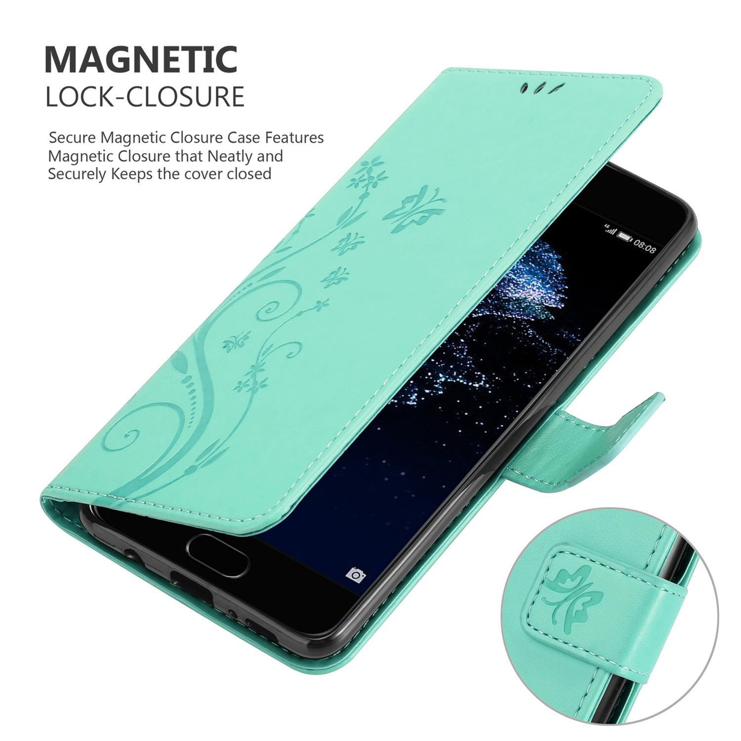 Una custodia verde menta, aperta per rivelare un telefono. La custodia ha un design floreale e chiusura magnetica.