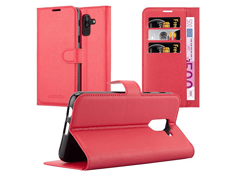 Hülle 2018, KARMIN ROT CADORABO J8 Bookcover, Standfunktion, Samsung, Book Galaxy