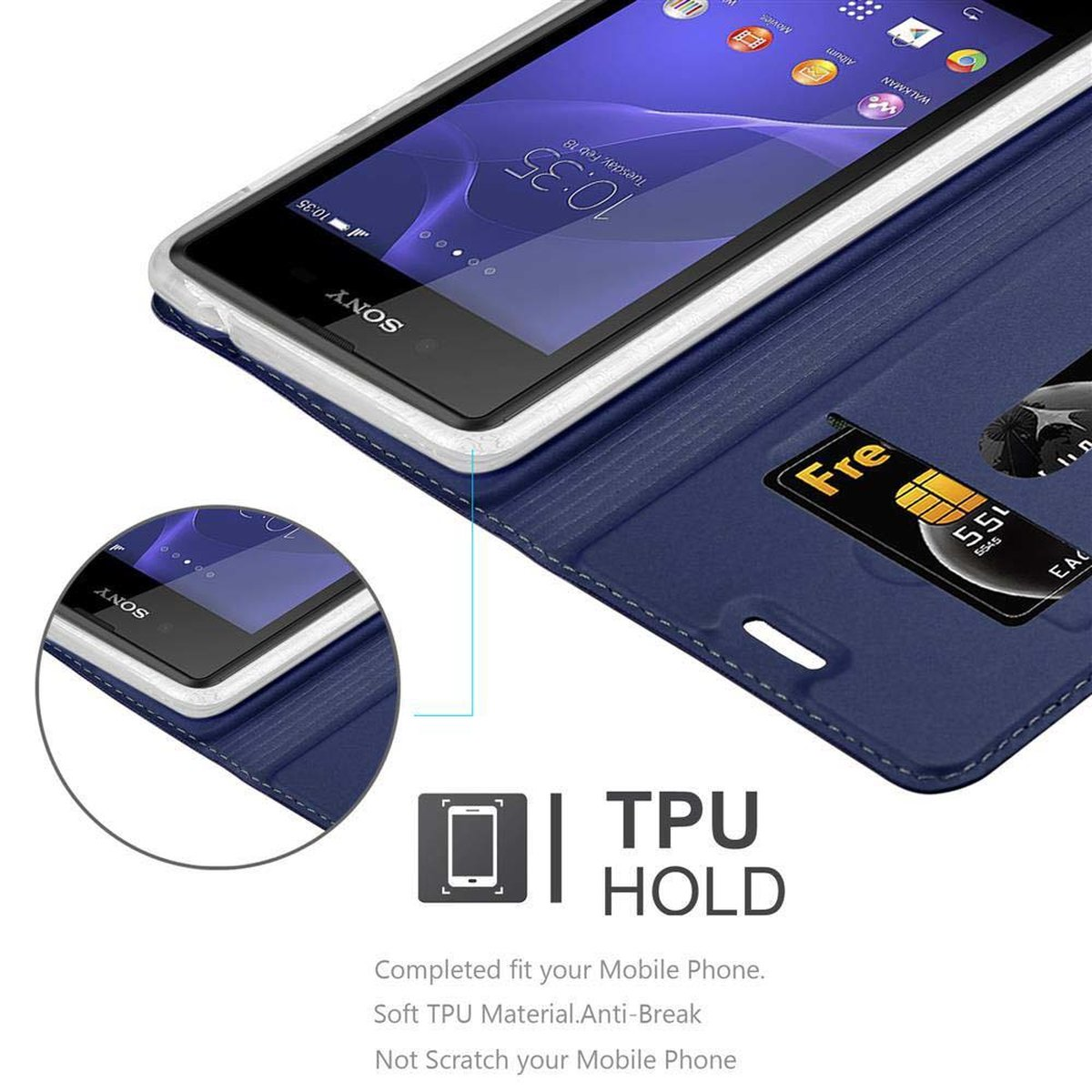 Un telefono è in una custodia blu. La custodia mostra uno slot per schede SIM. Lo schermo mostra un display.