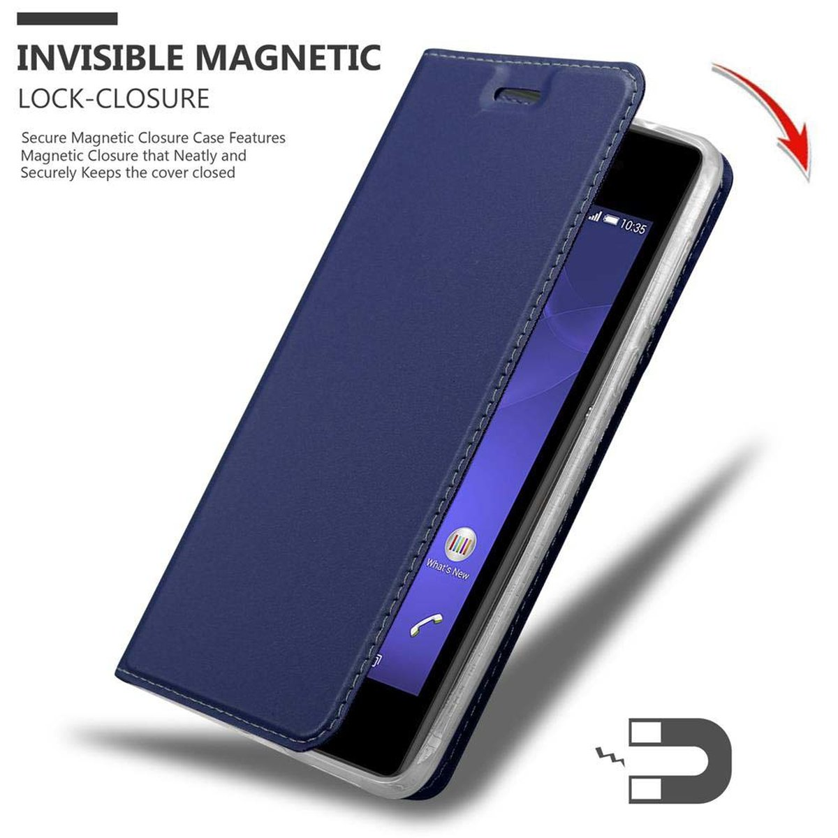 Custodia blu chiusa, con chiusura magnetica visibile e telefono all'interno.