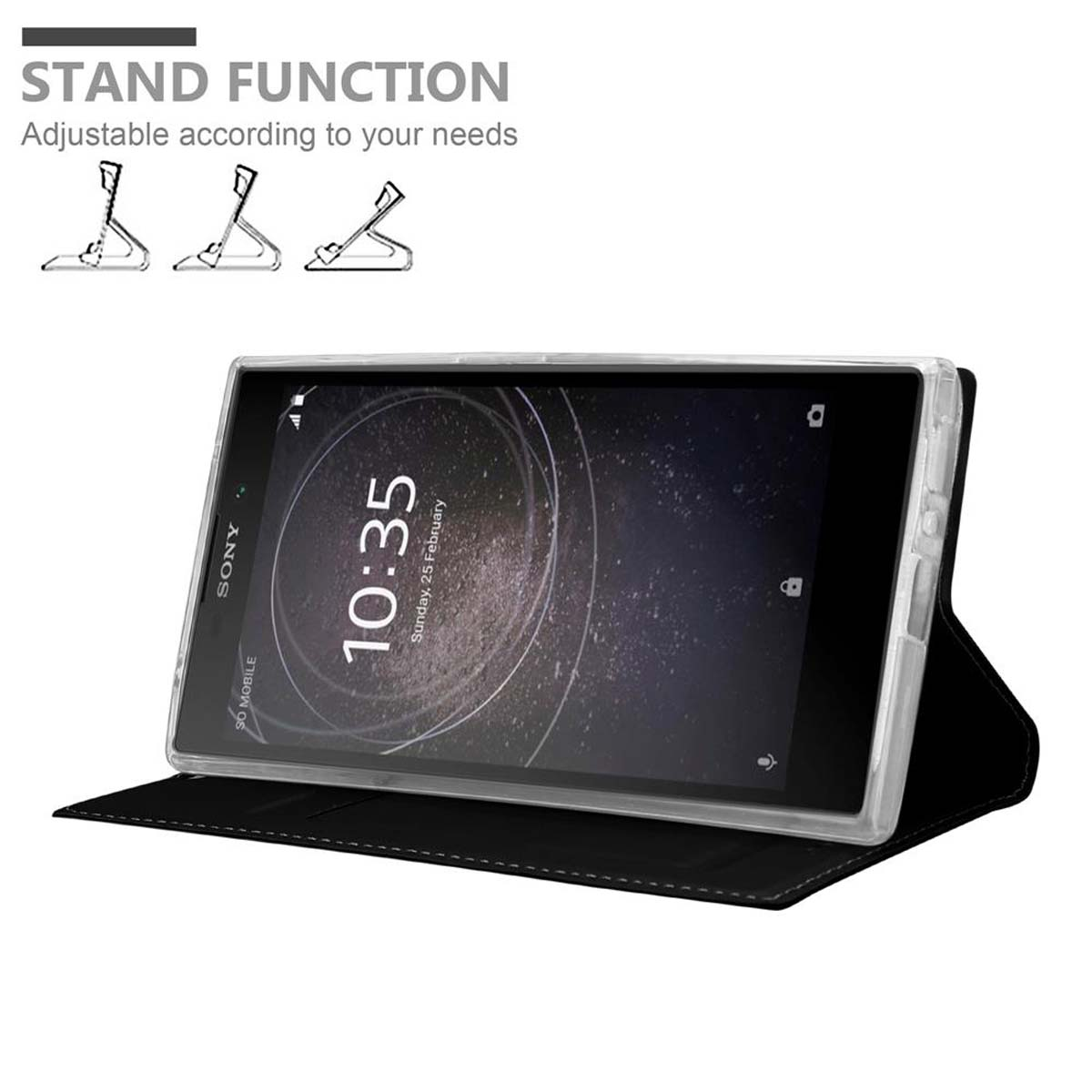 Telefono in una custodia, aperto, che mostra lo schermo con icone della funzione stand. Sfondo bianco.