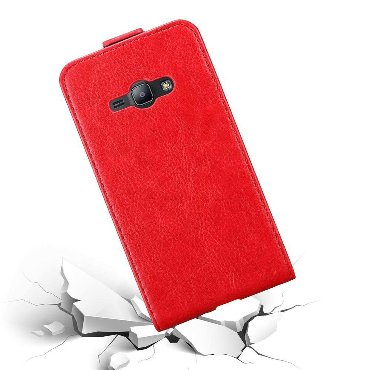 Samsung, Hülle J1 2015, im Style, ROT Cover, Flip Galaxy Flip APFEL CADORABO