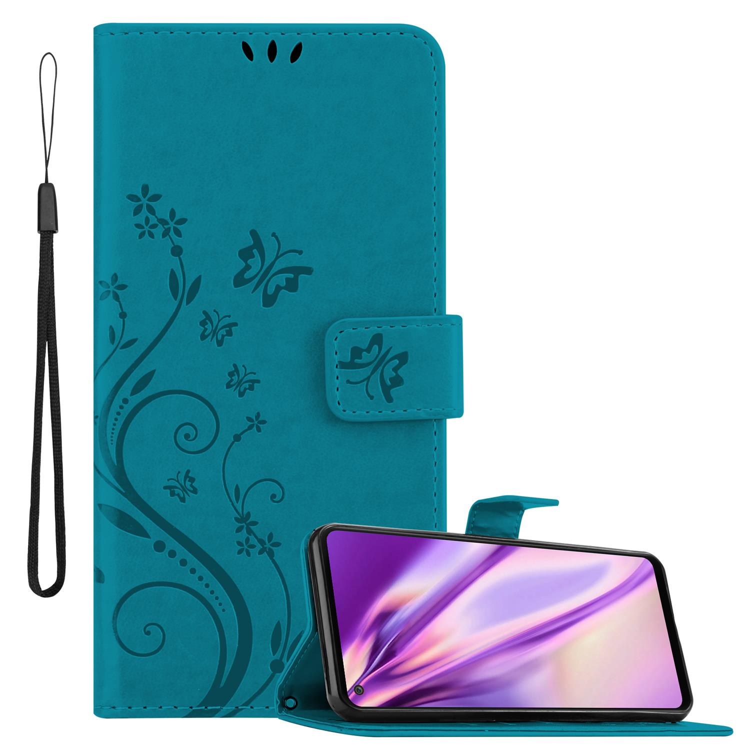 Étui de téléphone turquoise avec design, ouvert, avec téléphone à l'intérieur. Une sangle est attachée.
