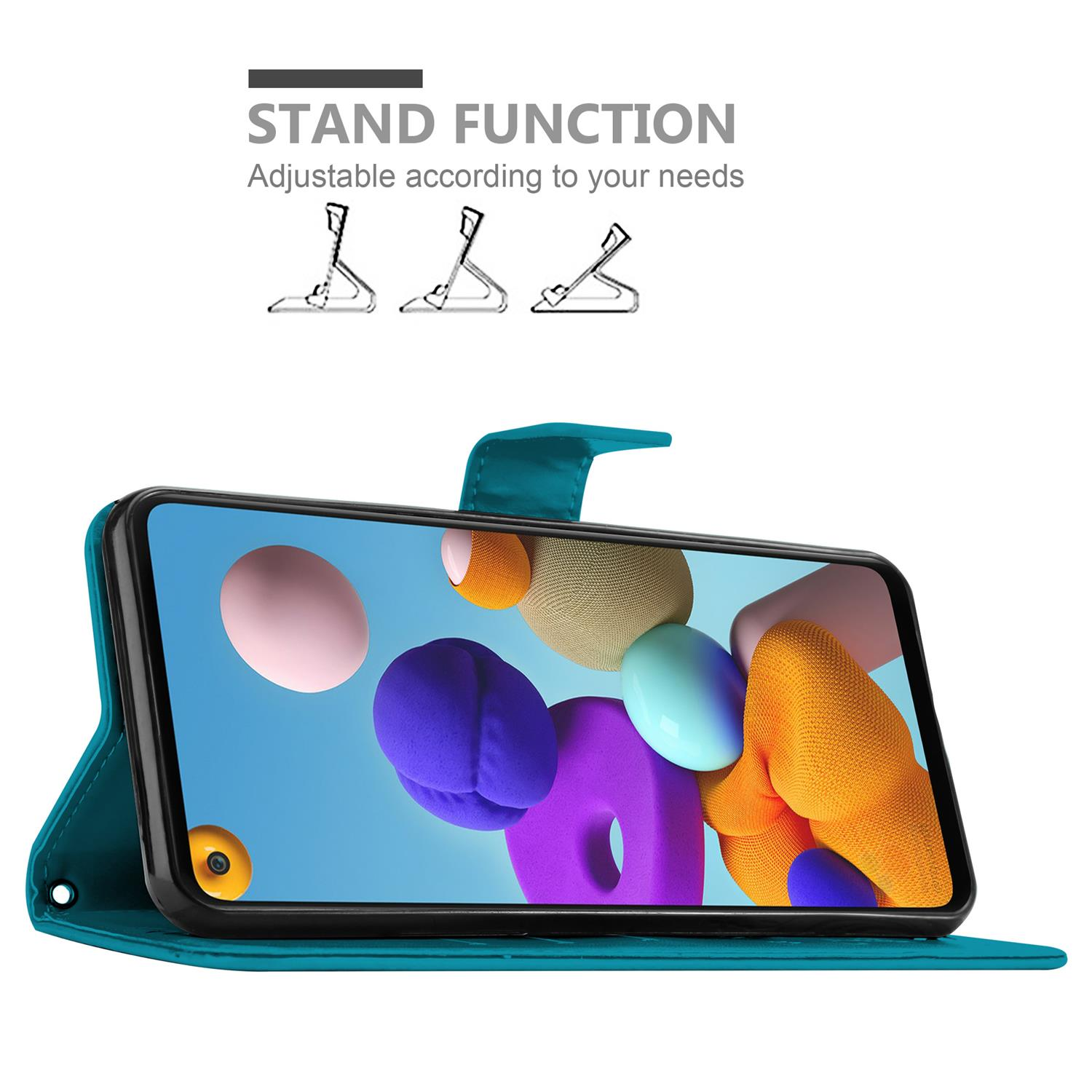 Étui de téléphone vert d'eau avec téléphone affichant des formes colorées. La fonction de support avec positions réglables est montrée.