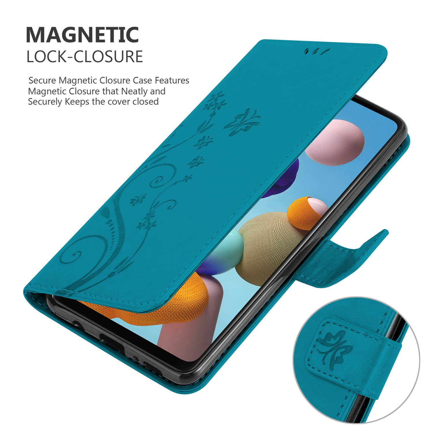 Étui de téléphone sarcelle ouvert. Un téléphone est à l'intérieur. L'étui a un motif floral. Il a une fermeture magnétique.