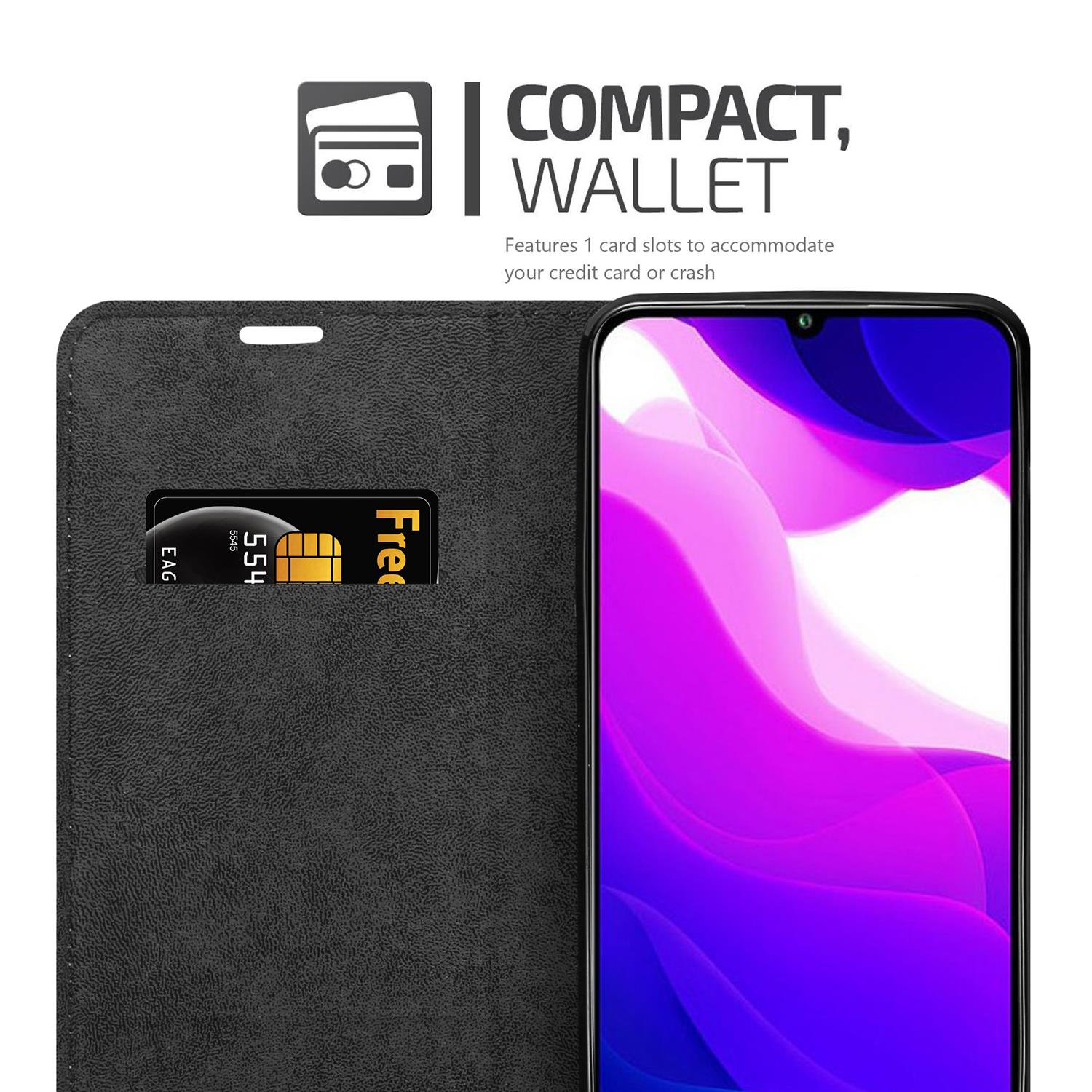 Custodia per telefono nera con slot per schede. Il telefono mostra uno sfondo rosa e viola. Il testo dice "compatto, portafoglio".